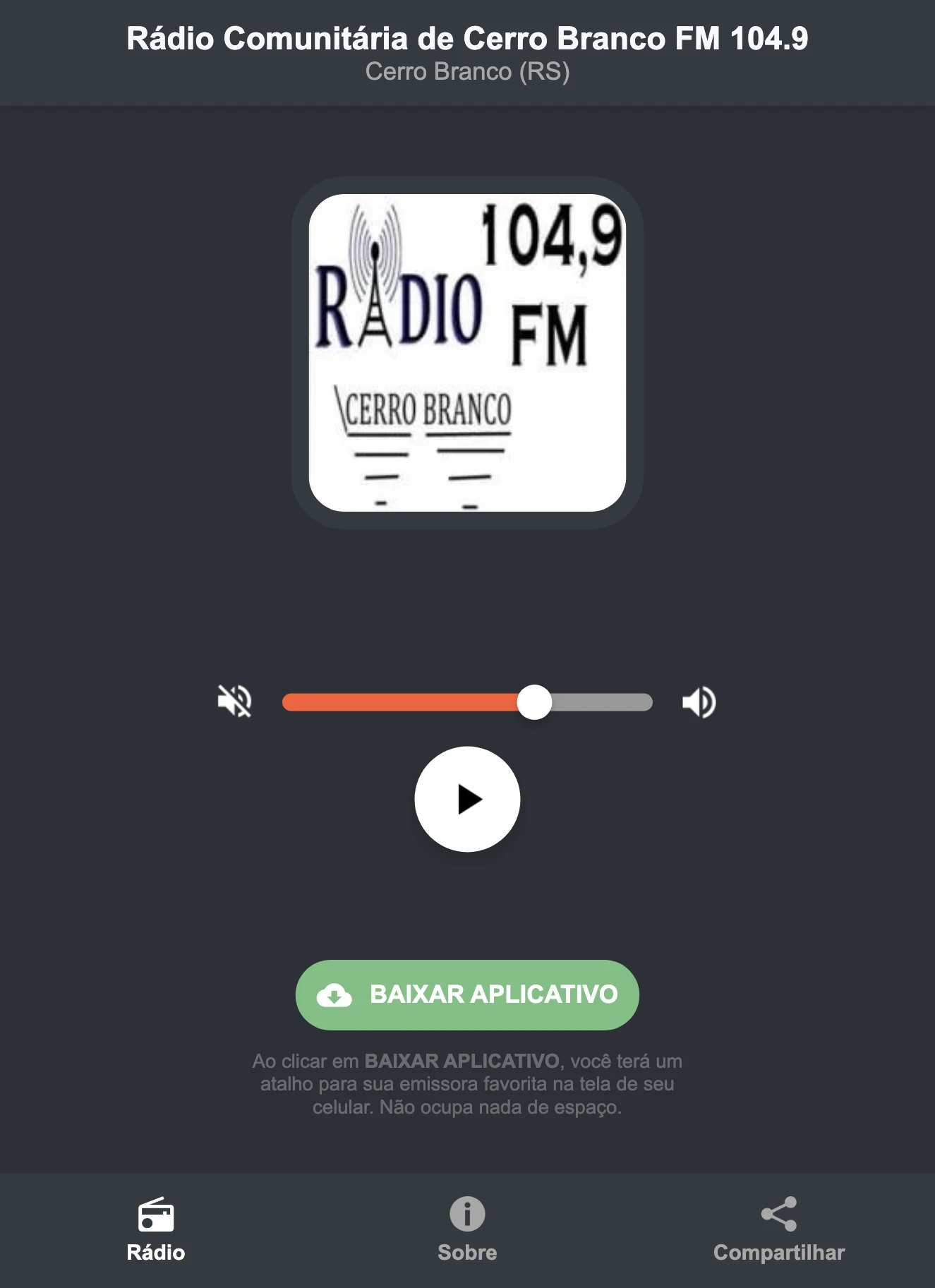 Screenshot do aplicativo da Rádio Comunitária de Cerro Branco FM 104.9