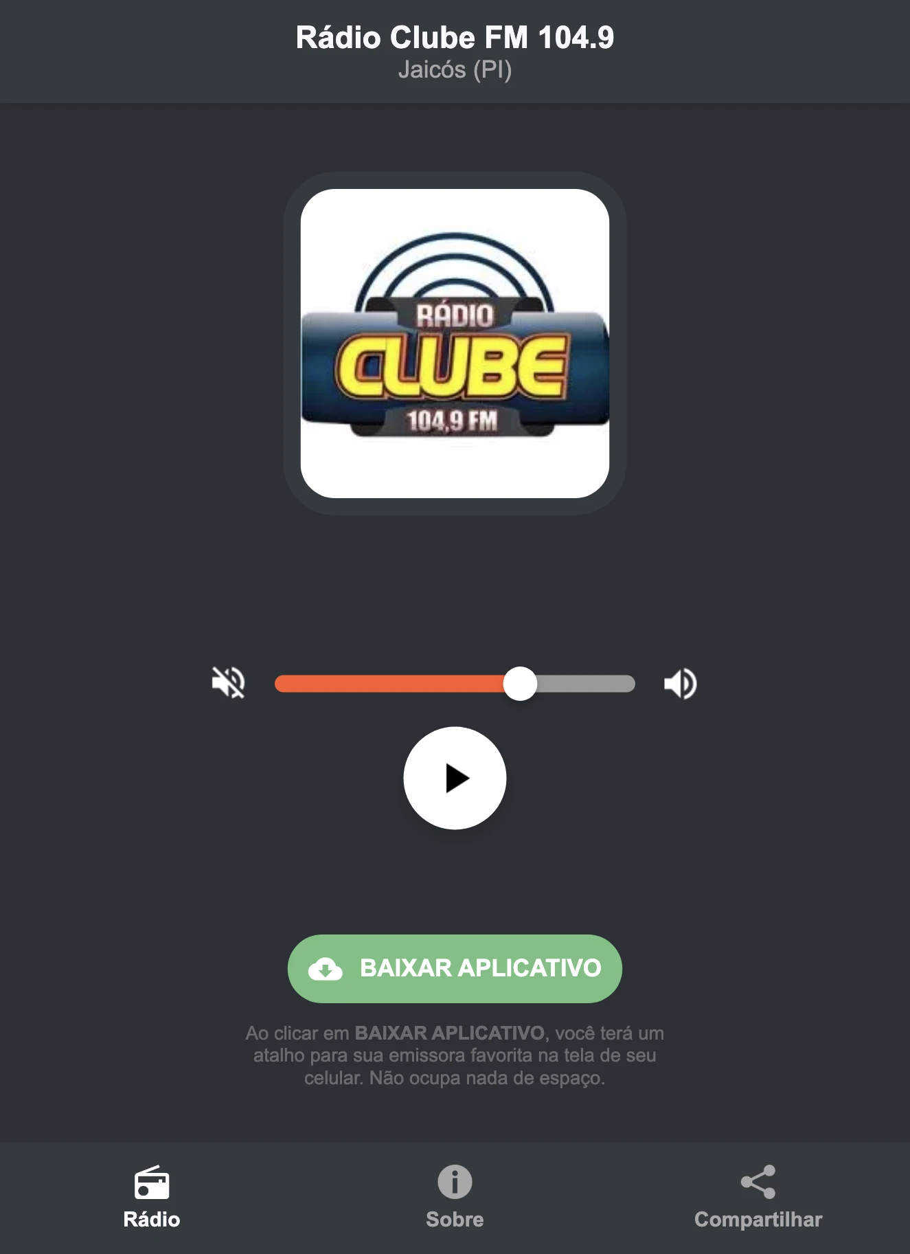 Screenshot do aplicativo da Rádio Clube FM 104.9