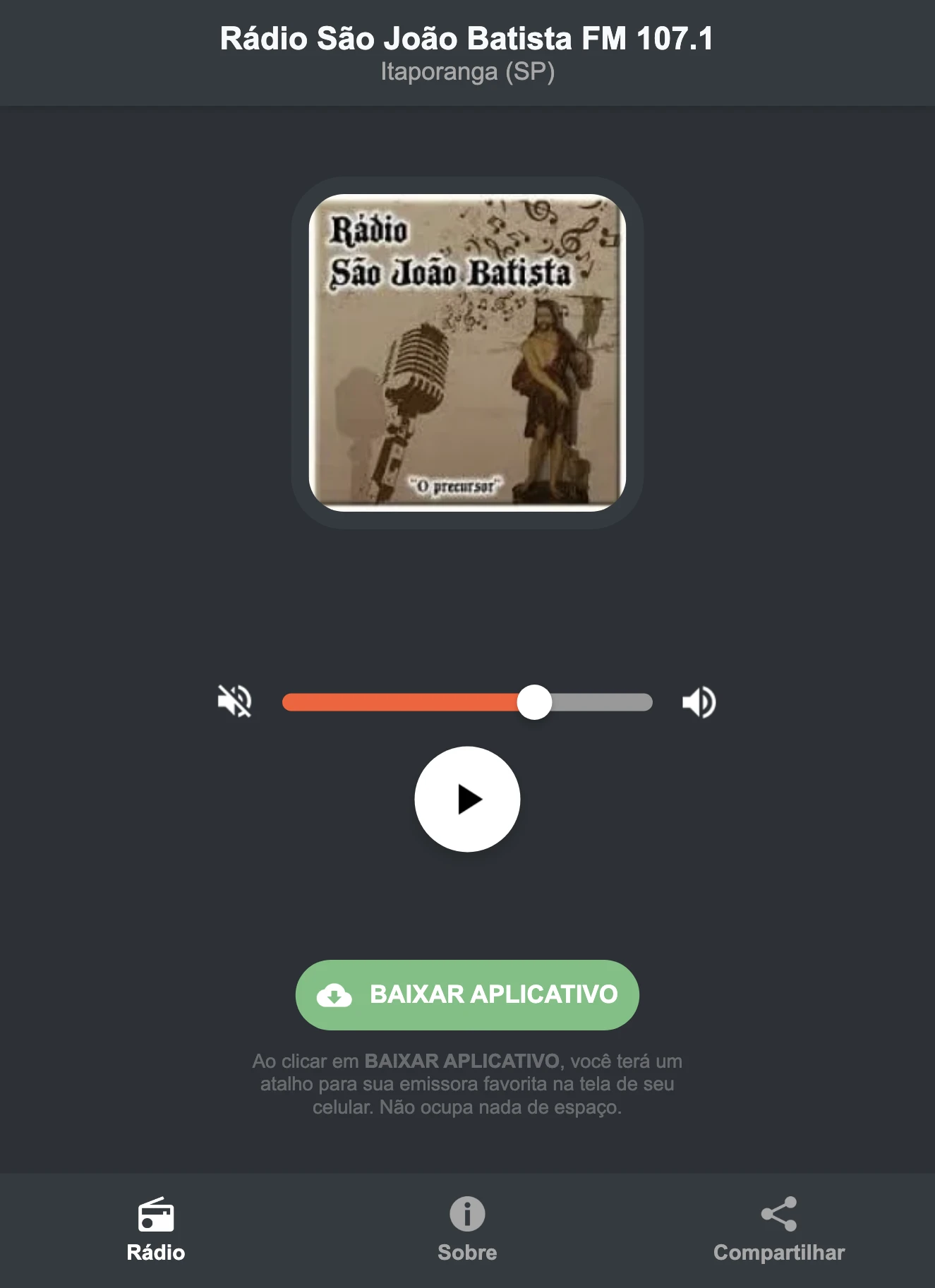 Screenshot do aplicativo da Rádio São João Batista FM 107.1