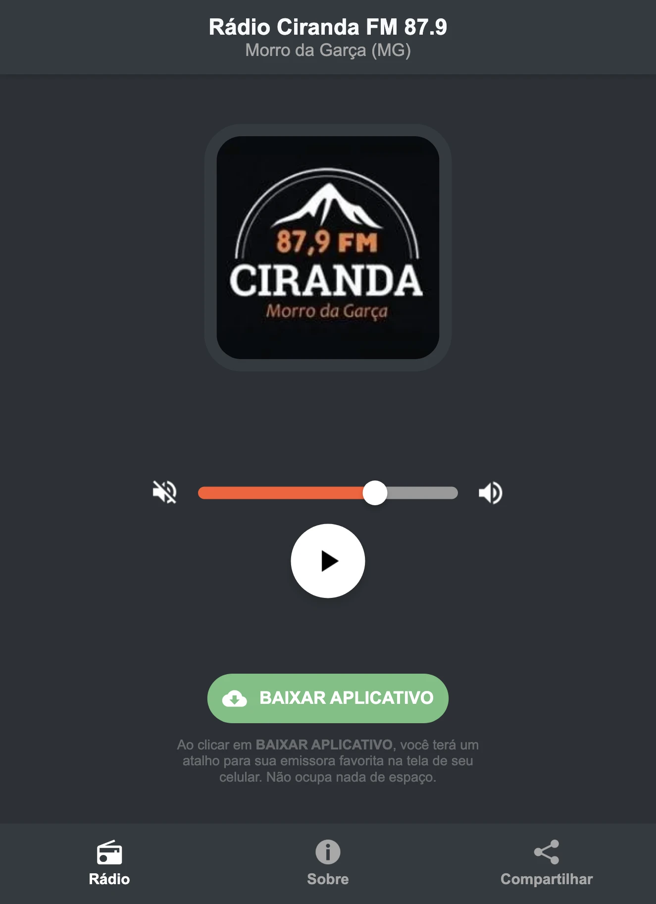 Screenshot do aplicativo da Rádio Ciranda FM 87.9