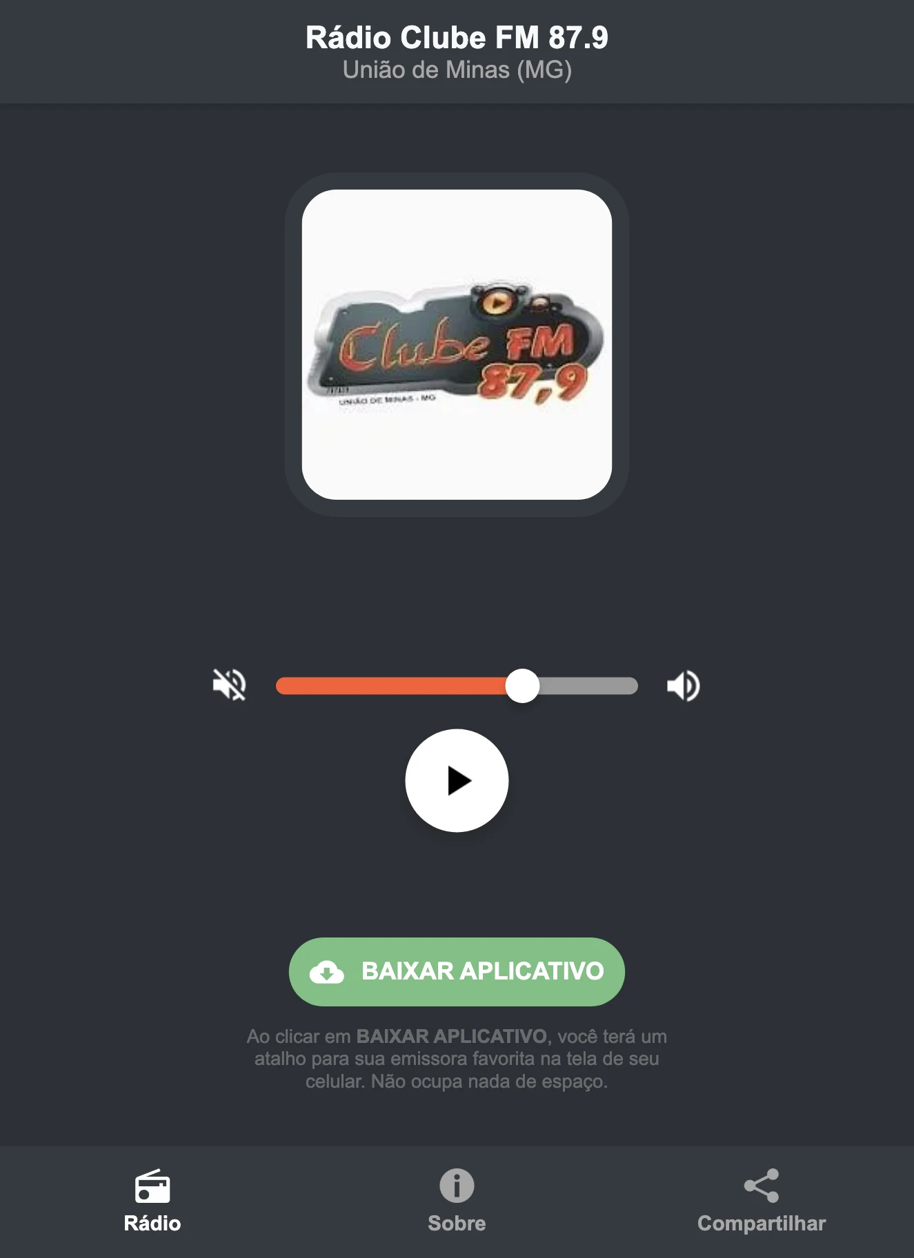 Screenshot do aplicativo da Rádio Clube FM 87.9