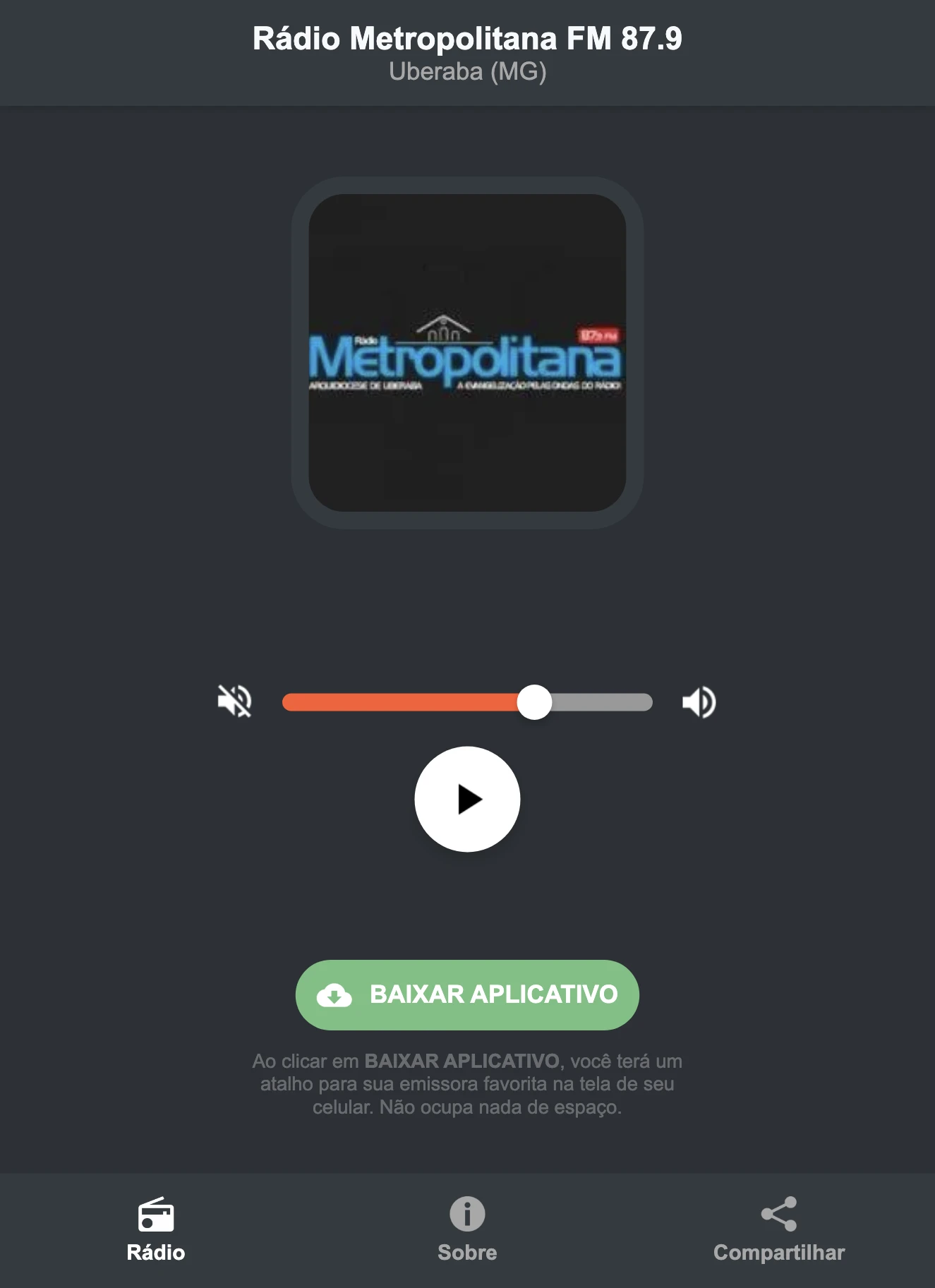 Screenshot do aplicativo da Rádio Metropolitana FM 87.9
