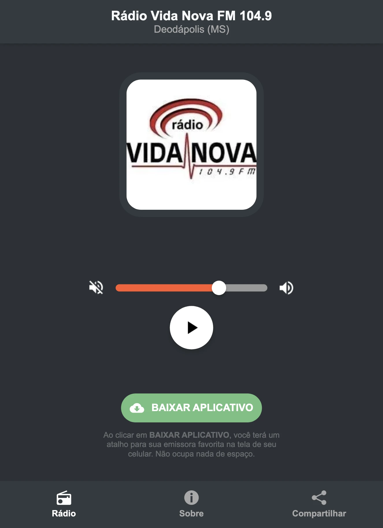 Screenshot do aplicativo da Rádio Vida Nova FM 104.9