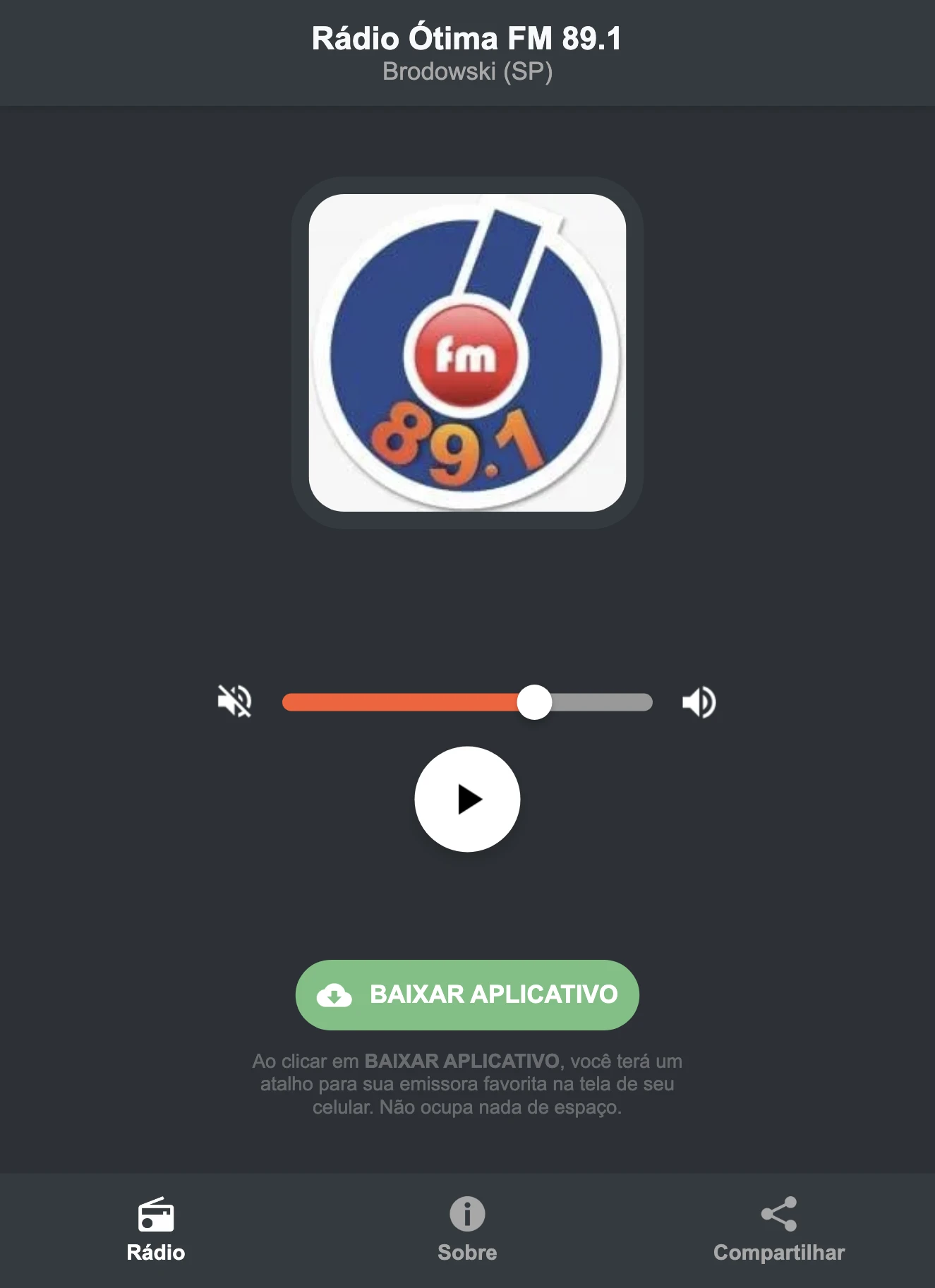 Screenshot do aplicativo da Rádio Ótima FM 89.1