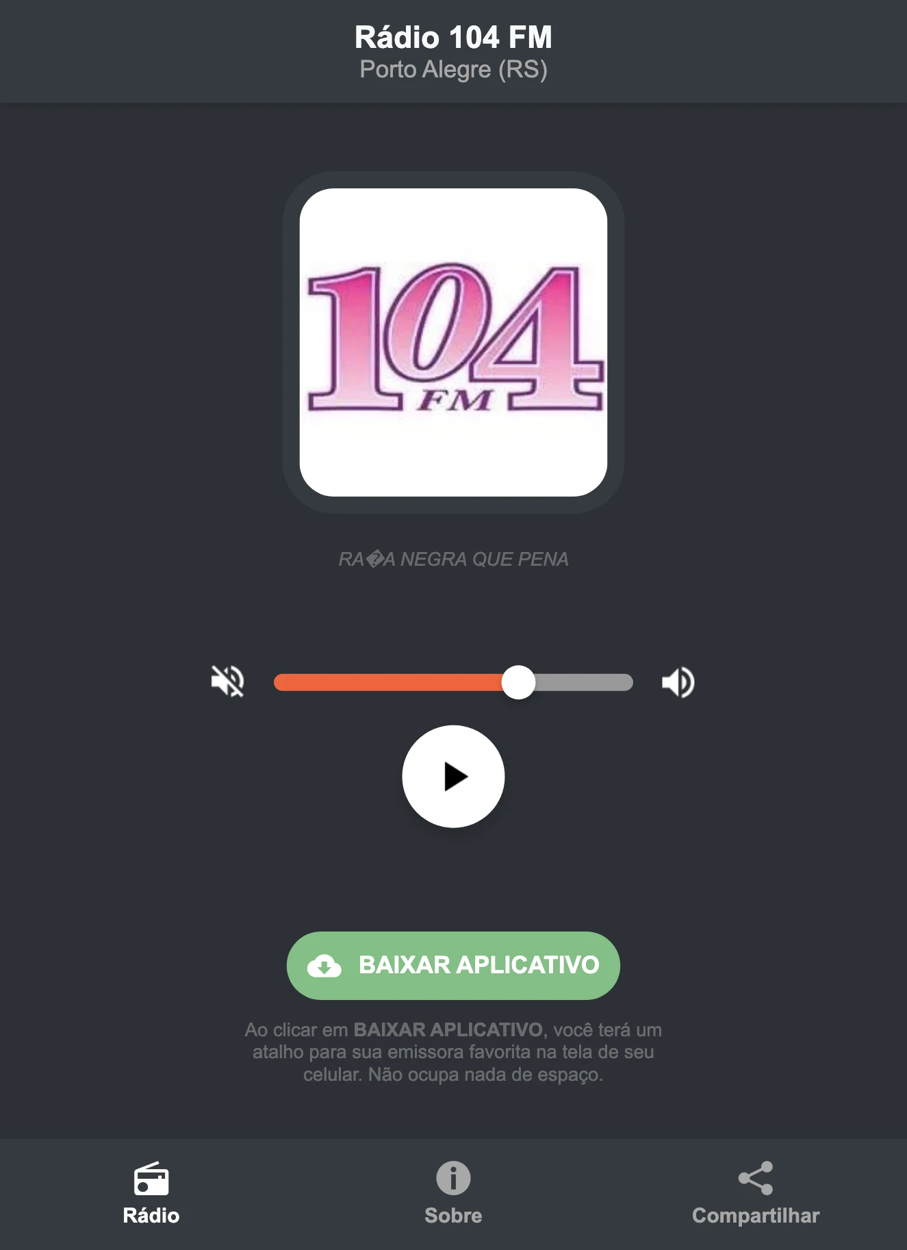 Screenshot do aplicativo da Rádio 104 FM