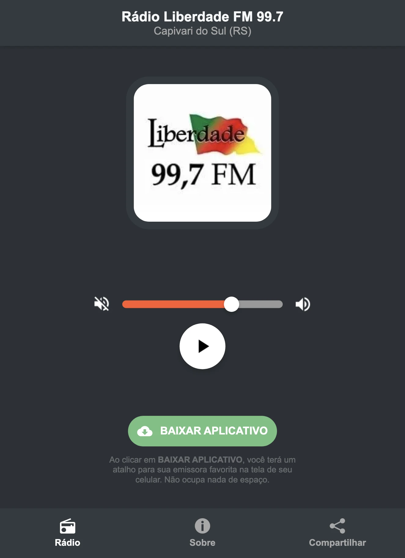 Screenshot do aplicativo da Rádio Liberdade FM 99.7