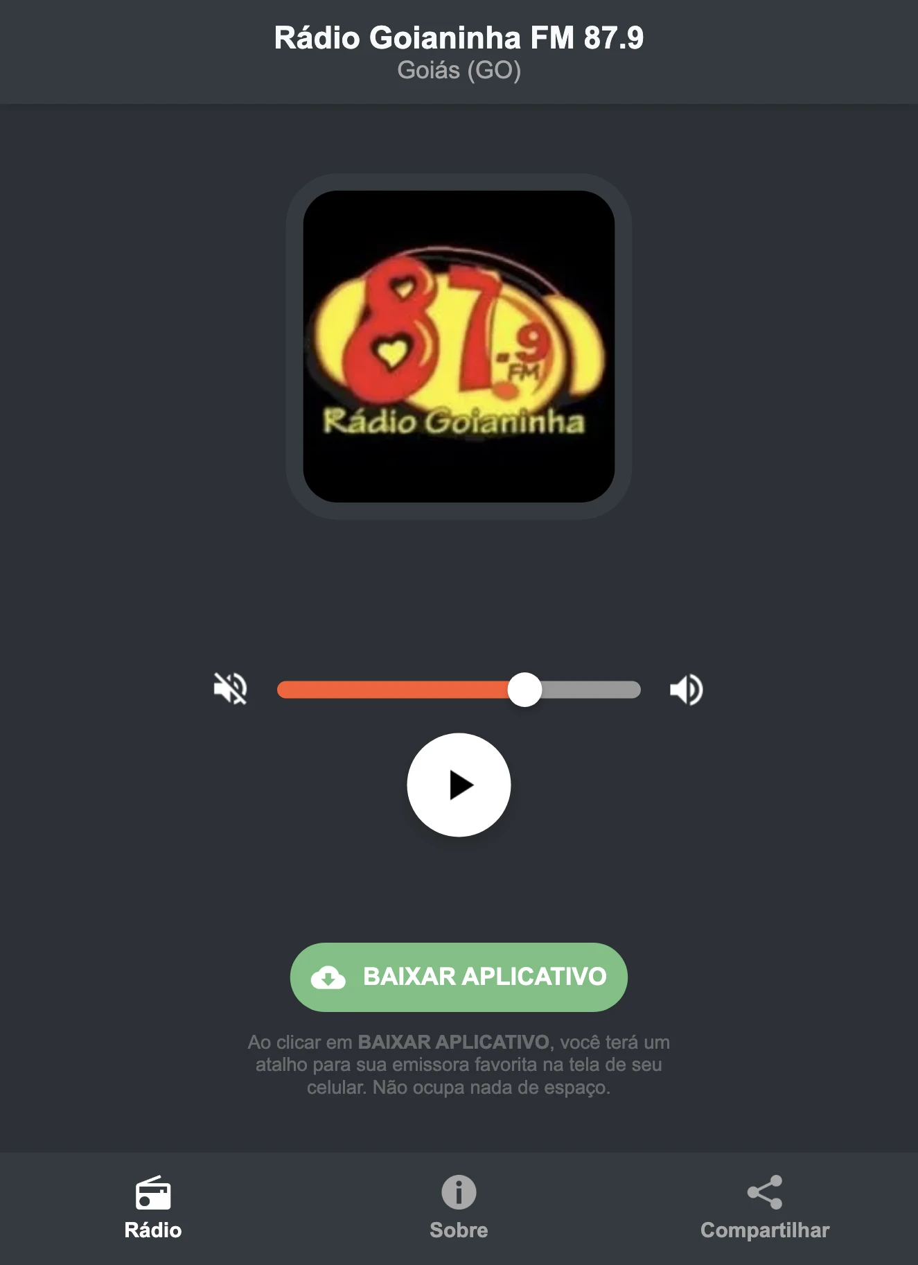 Screenshot do aplicativo da Rádio Goianinha FM 87.9