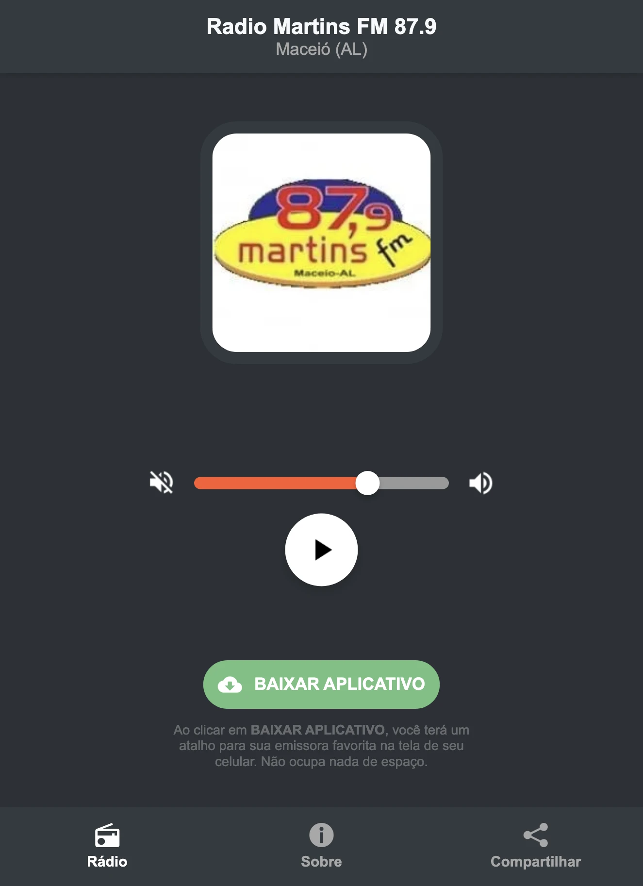Screenshot do aplicativo da Radio Martins FM 87.9