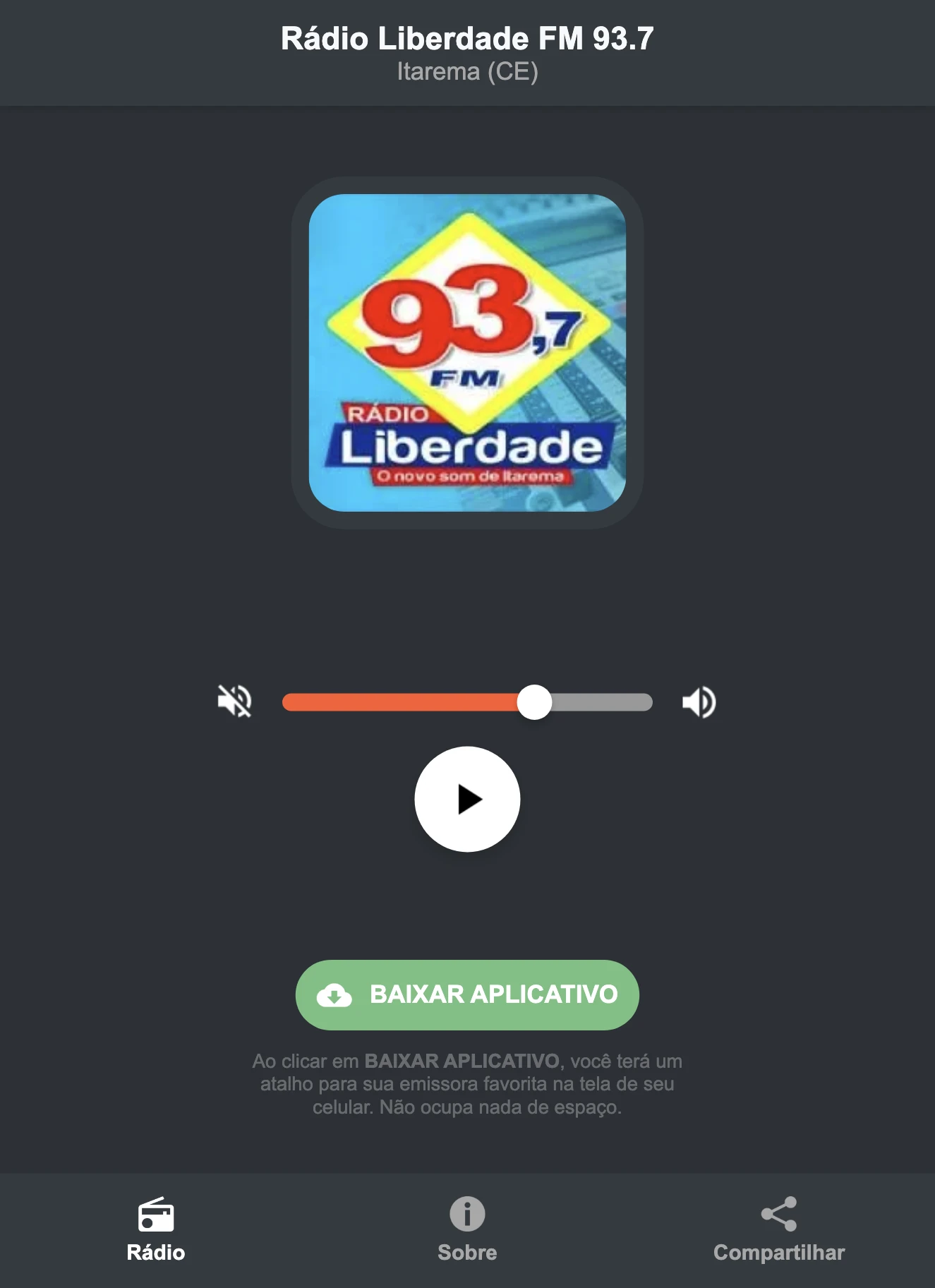 Screenshot do aplicativo da Rádio Liberdade FM 93.7