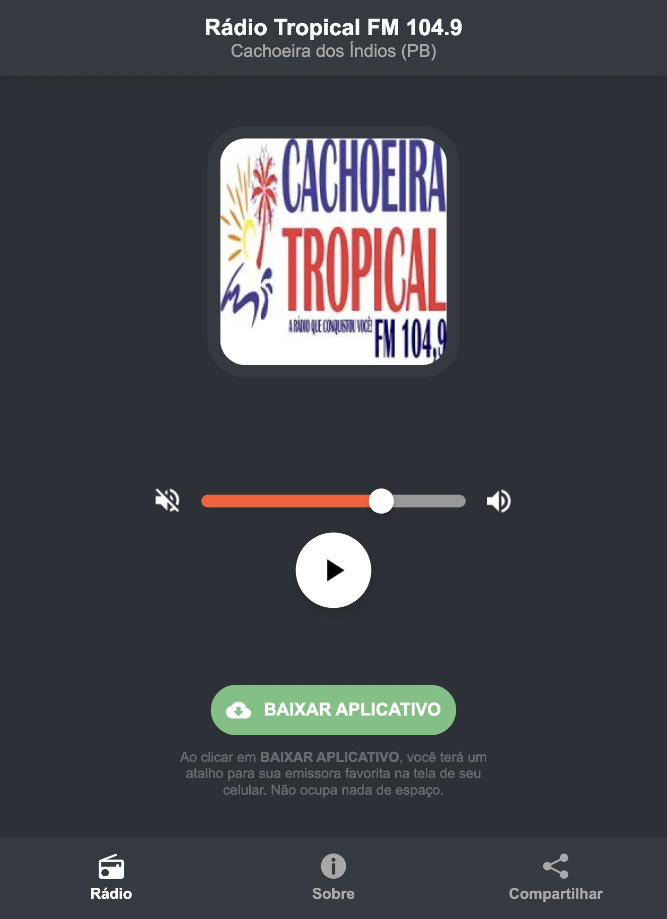 Screenshot do aplicativo da Rádio Tropical FM 104.9