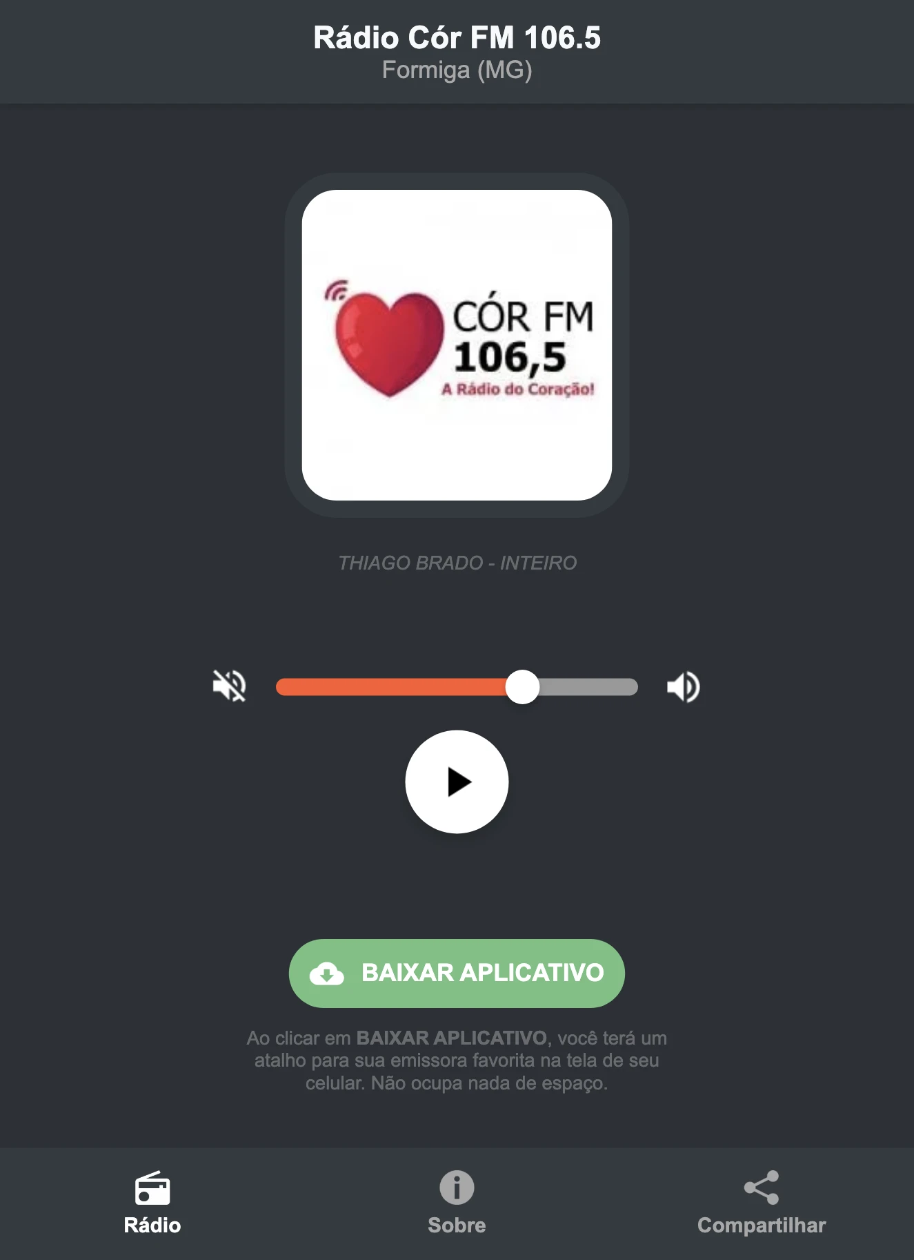 Screenshot do aplicativo da Rádio Cór FM 106.5