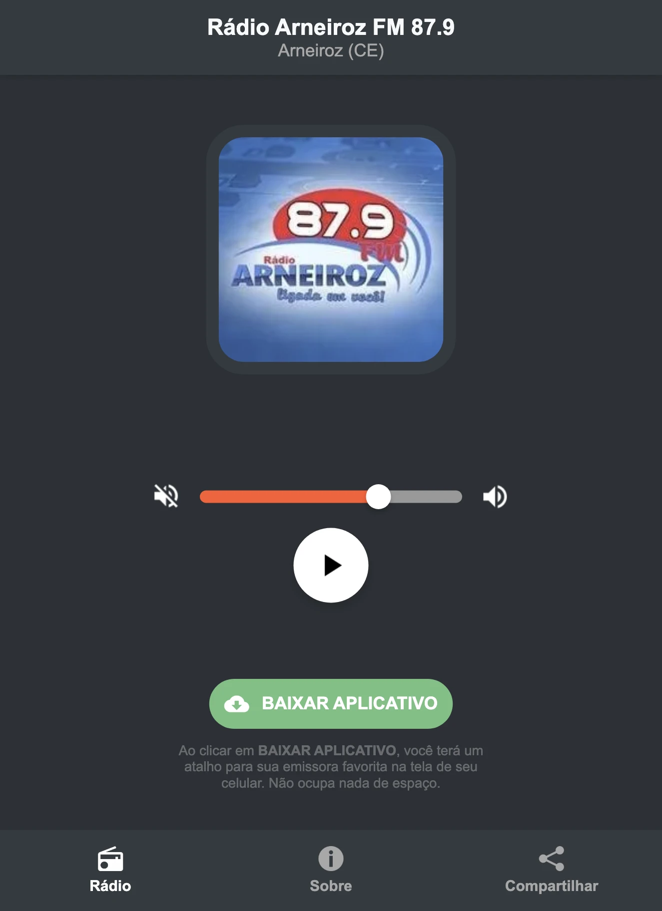 Screenshot do aplicativo da Rádio Arneiroz FM 87.9
