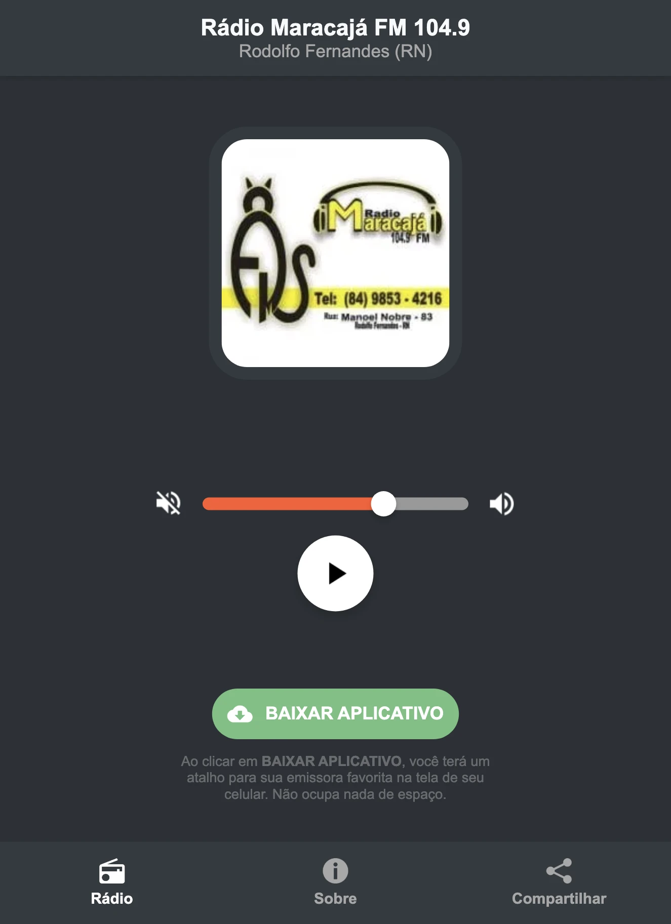 Screenshot do aplicativo da Rádio Maracajá FM 104.9