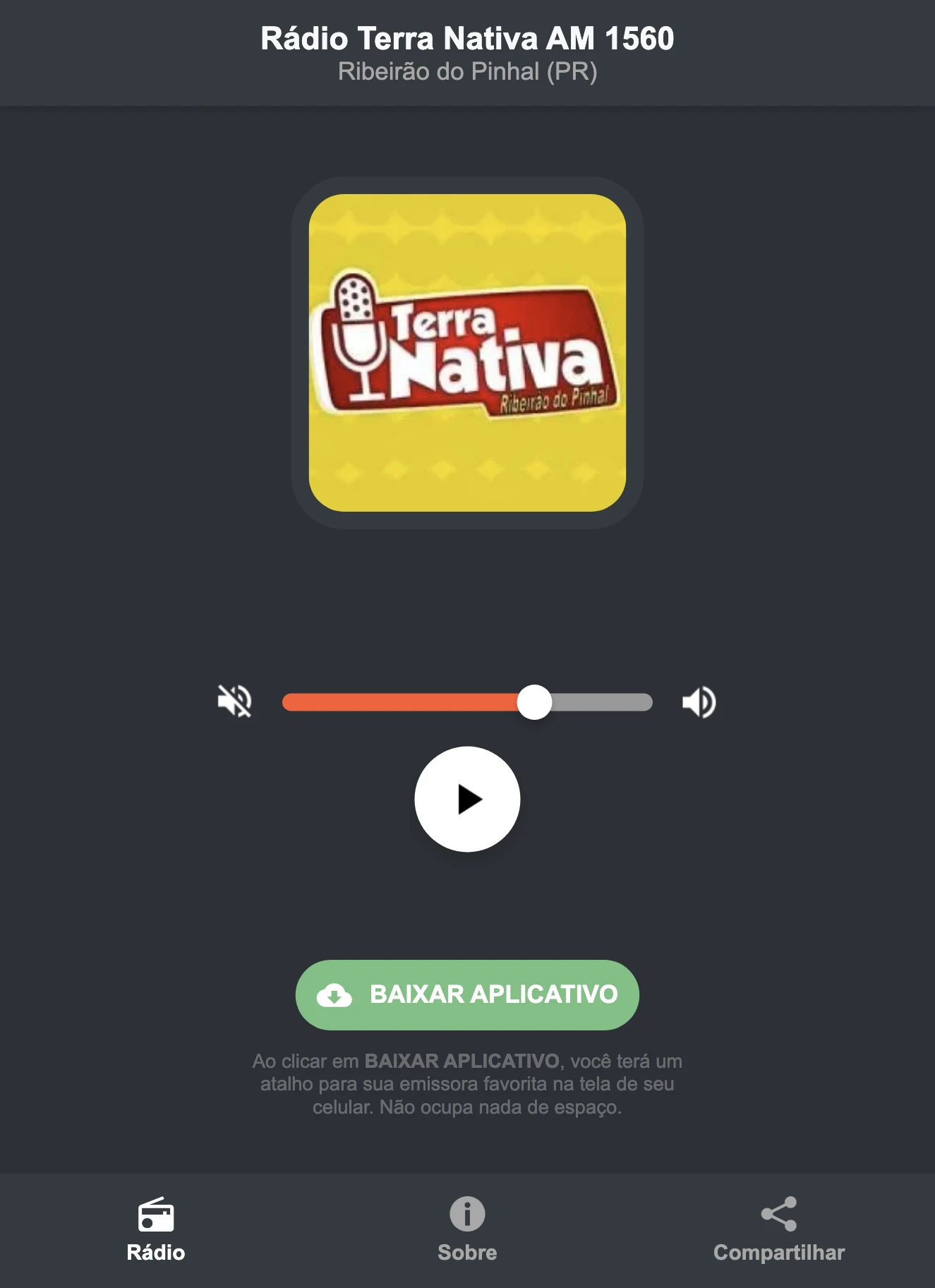 Screenshot do aplicativo da Rádio Terra Nativa AM 1560