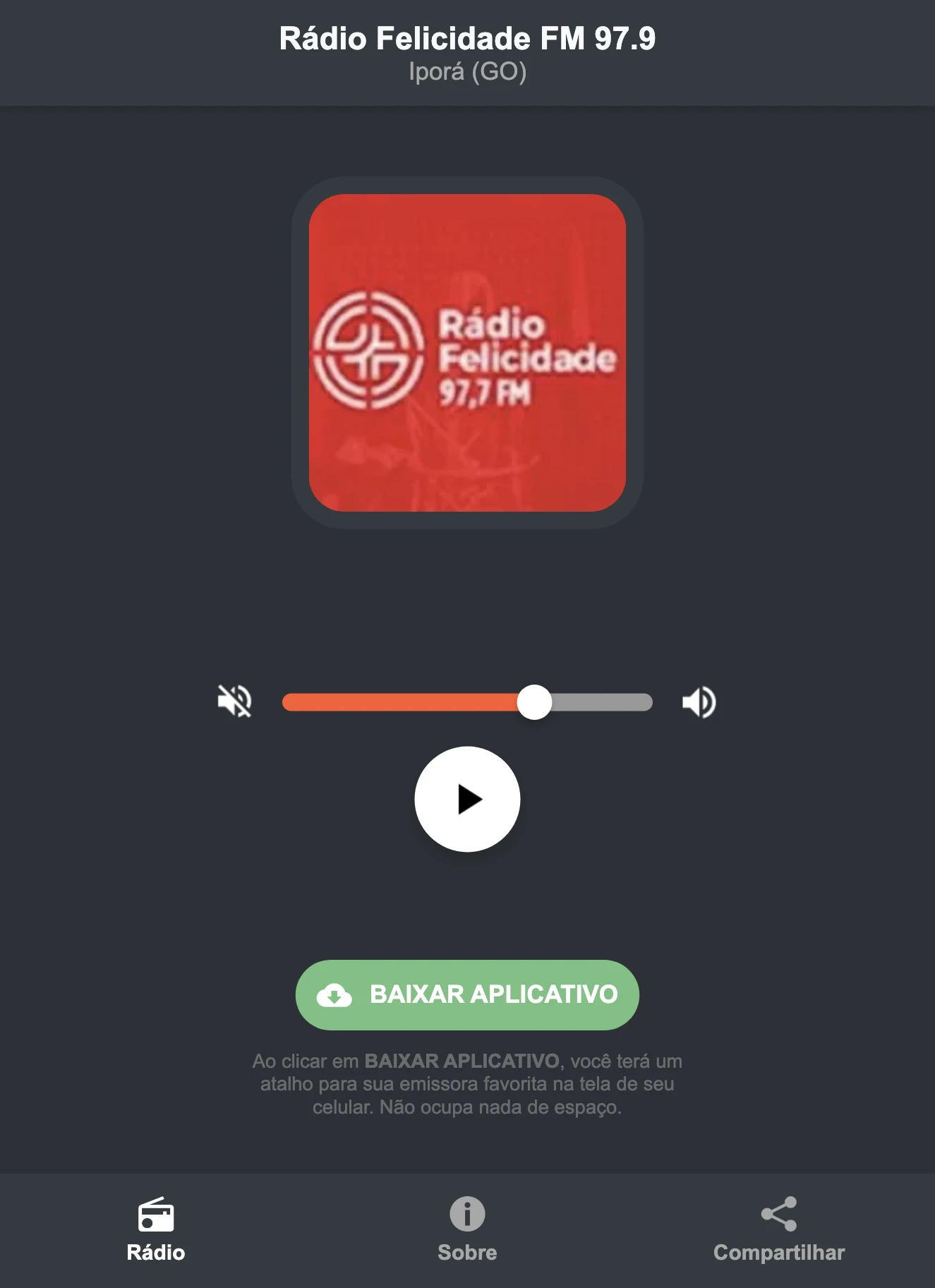 Screenshot do aplicativo da Rádio Felicidade FM 97.9