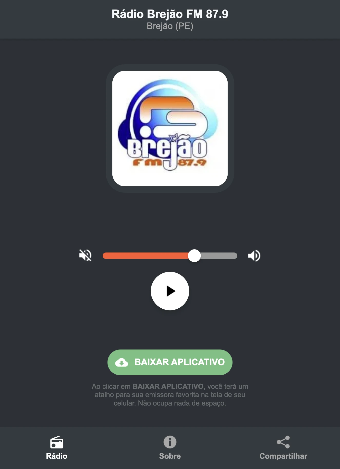 Screenshot do aplicativo da Rádio Brejão FM 87.9