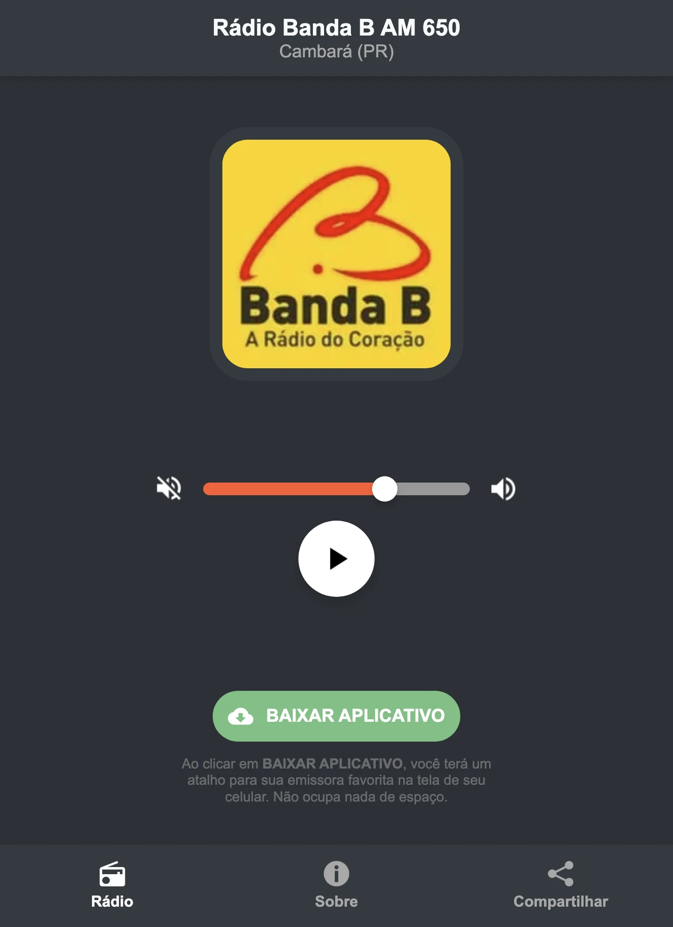 Screenshot do aplicativo da Rádio Banda B AM 650