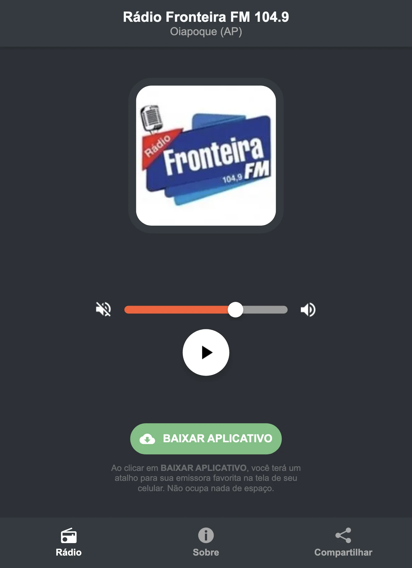 Screenshot do aplicativo da Rádio Fronteira FM 104.9