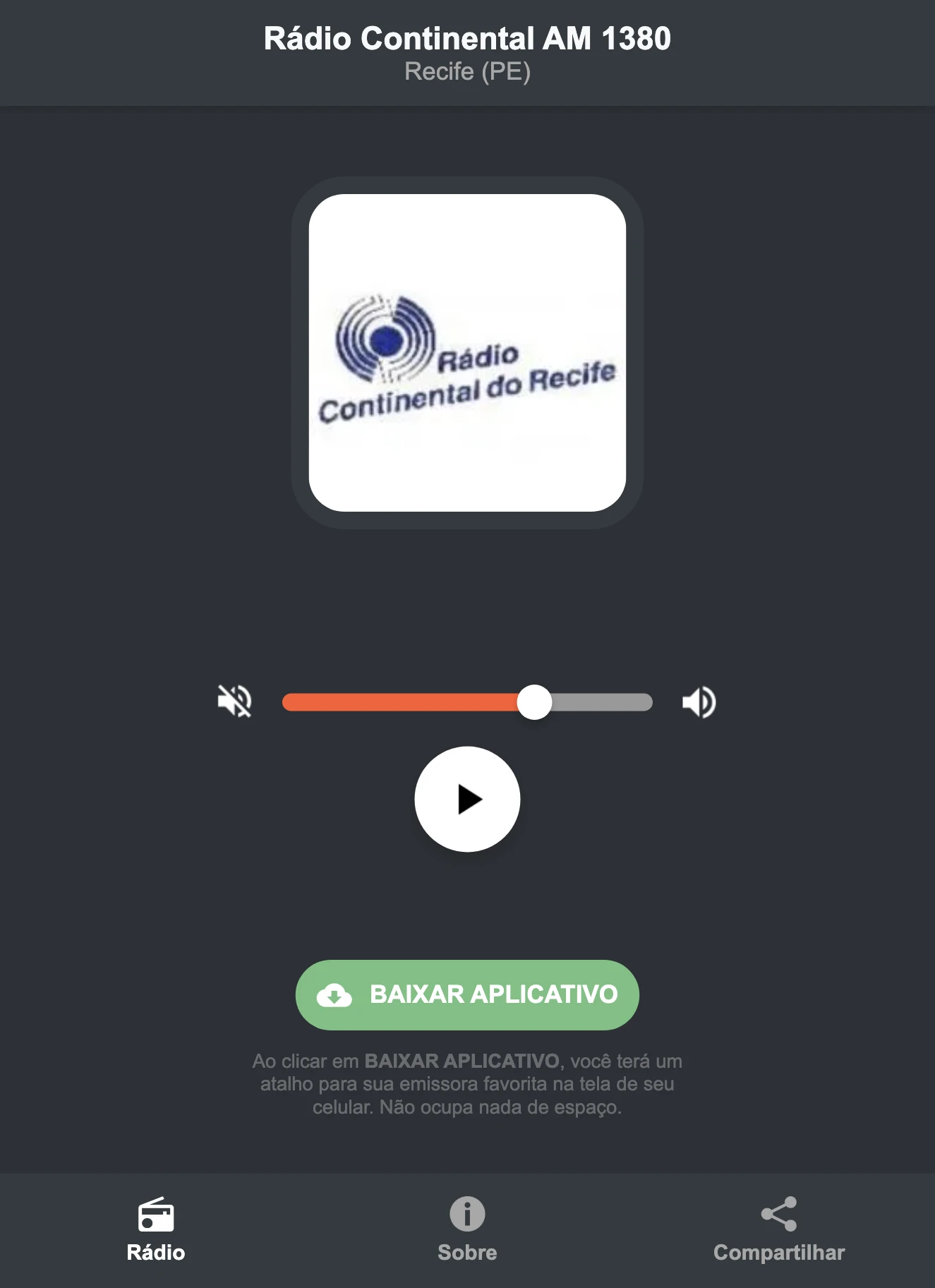 Screenshot do aplicativo da Rádio Continental AM 1380