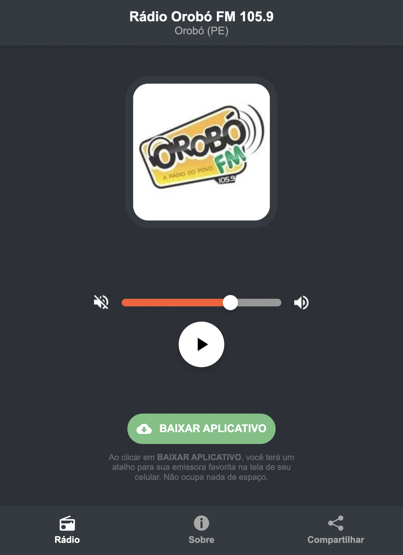 Screenshot do aplicativo da Rádio Orobó FM 105.9