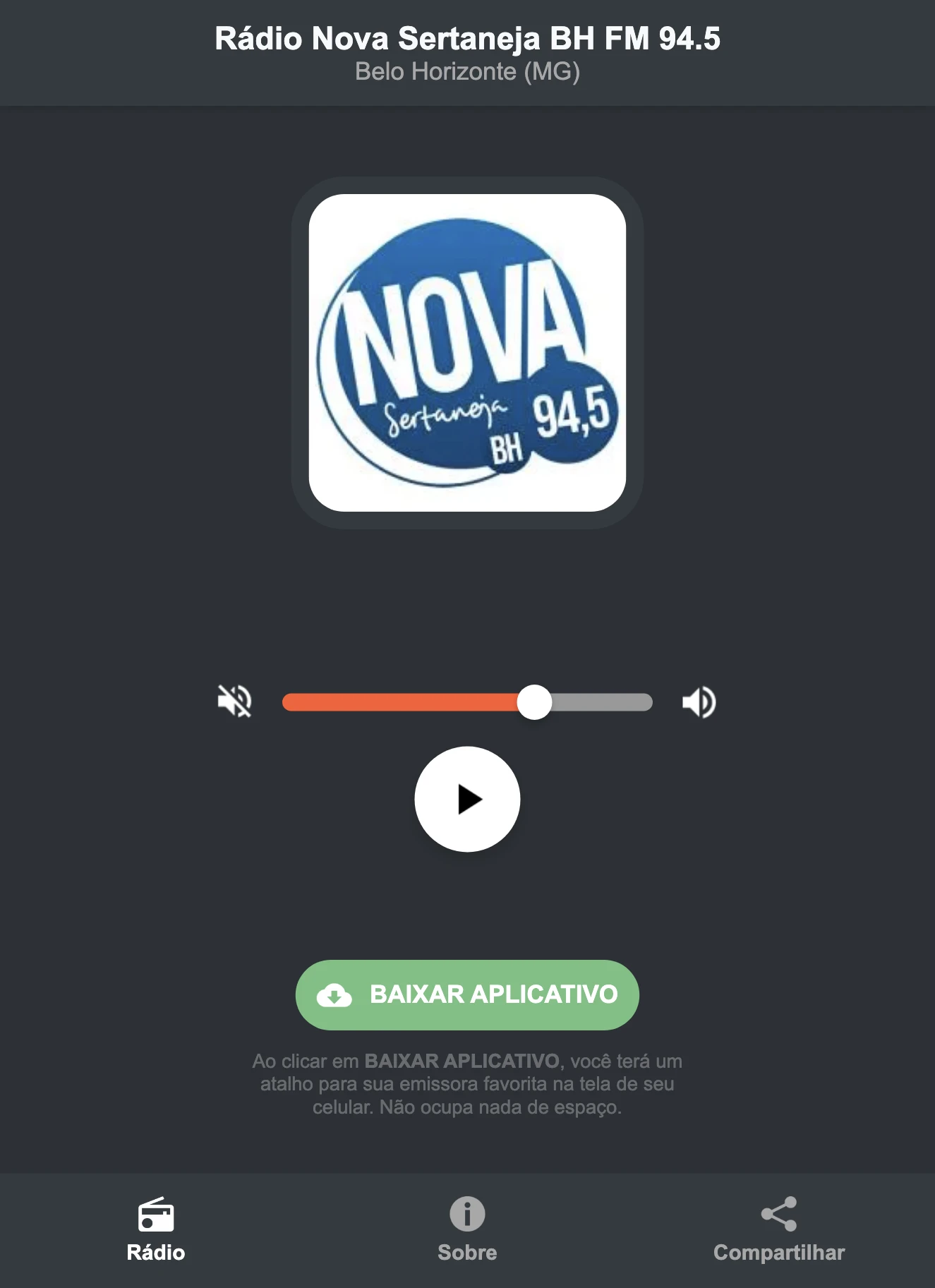 Screenshot do aplicativo da Rádio Nova Sertaneja BH FM 94.5