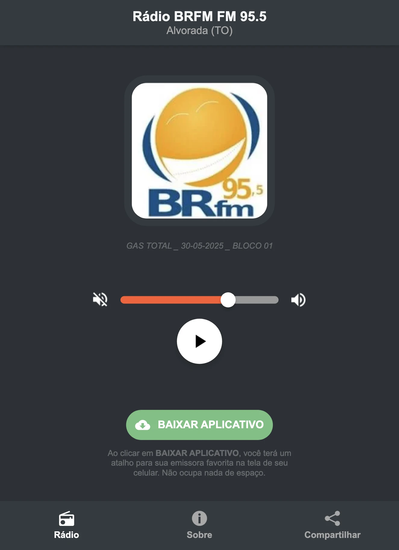 Screenshot do aplicativo da Rádio BRFM FM 95.5