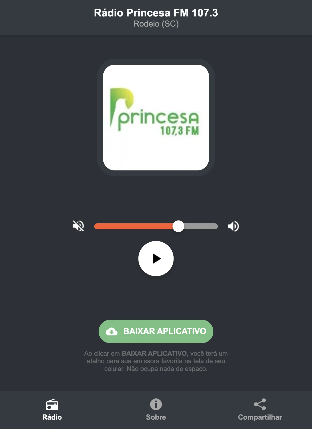 Screenshot do aplicativo da Rádio Princesa FM 107.3