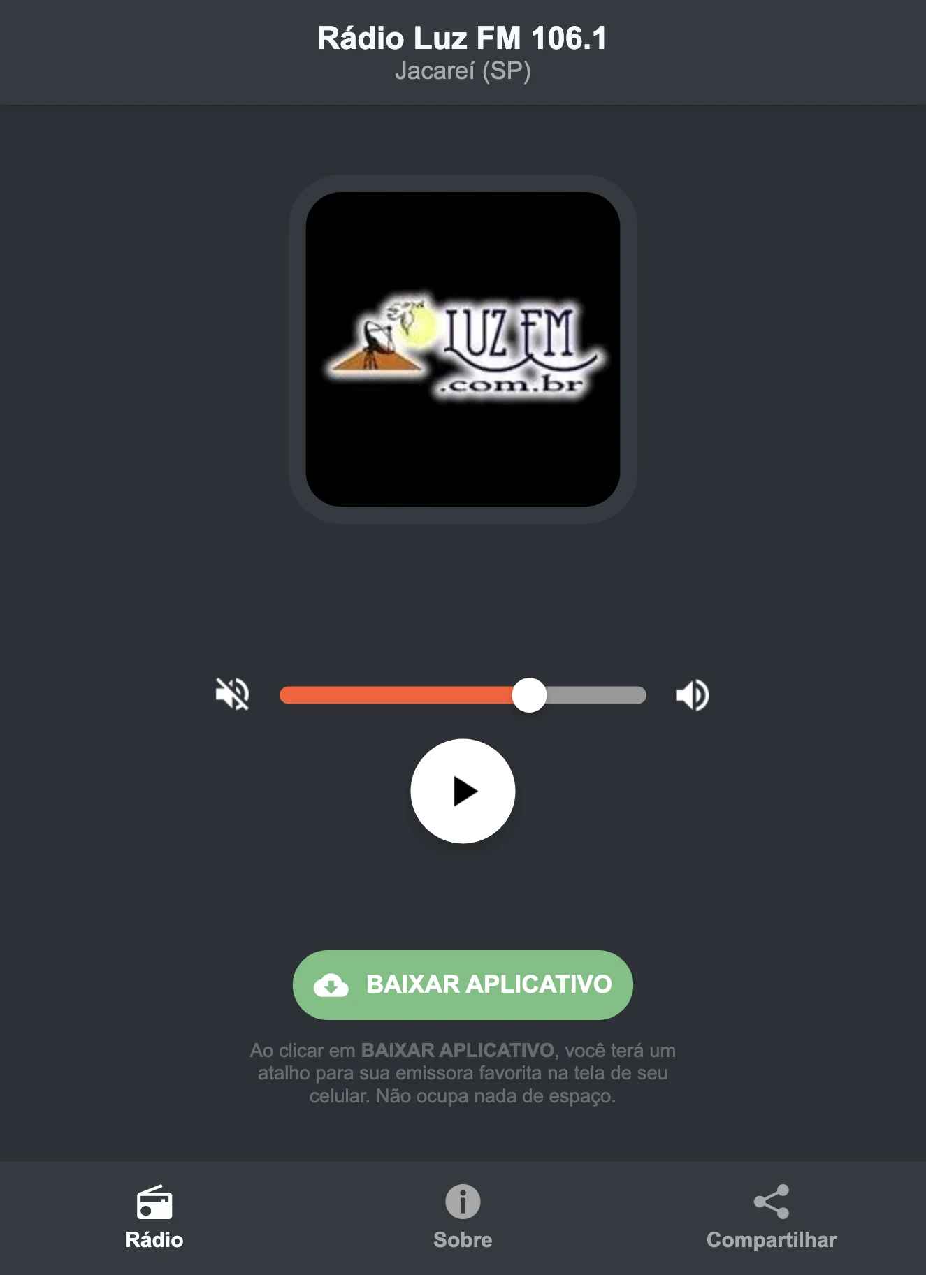 Screenshot do aplicativo da Rádio Luz FM 106.1