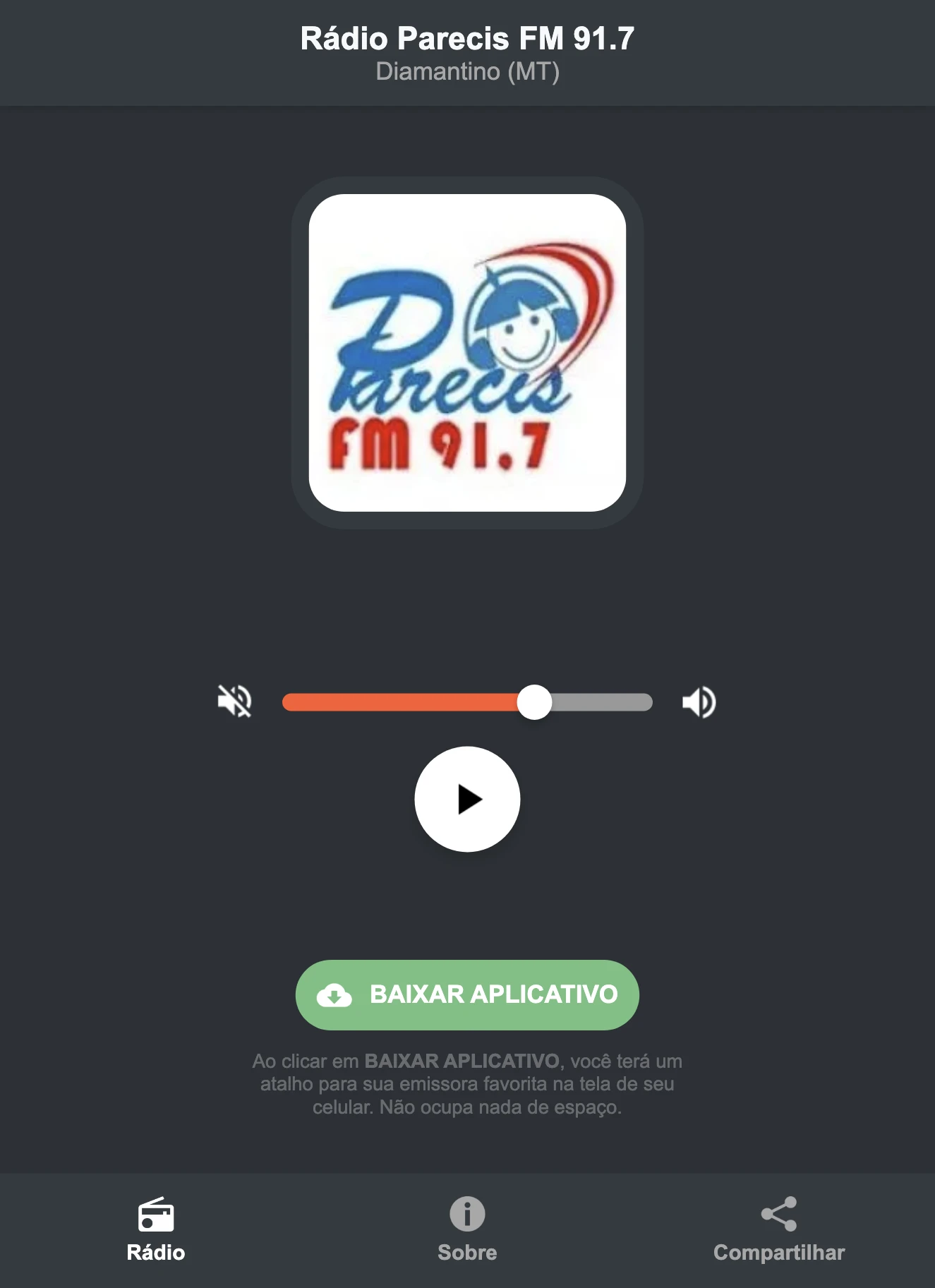 Screenshot do aplicativo da Rádio Parecis FM 91.7
