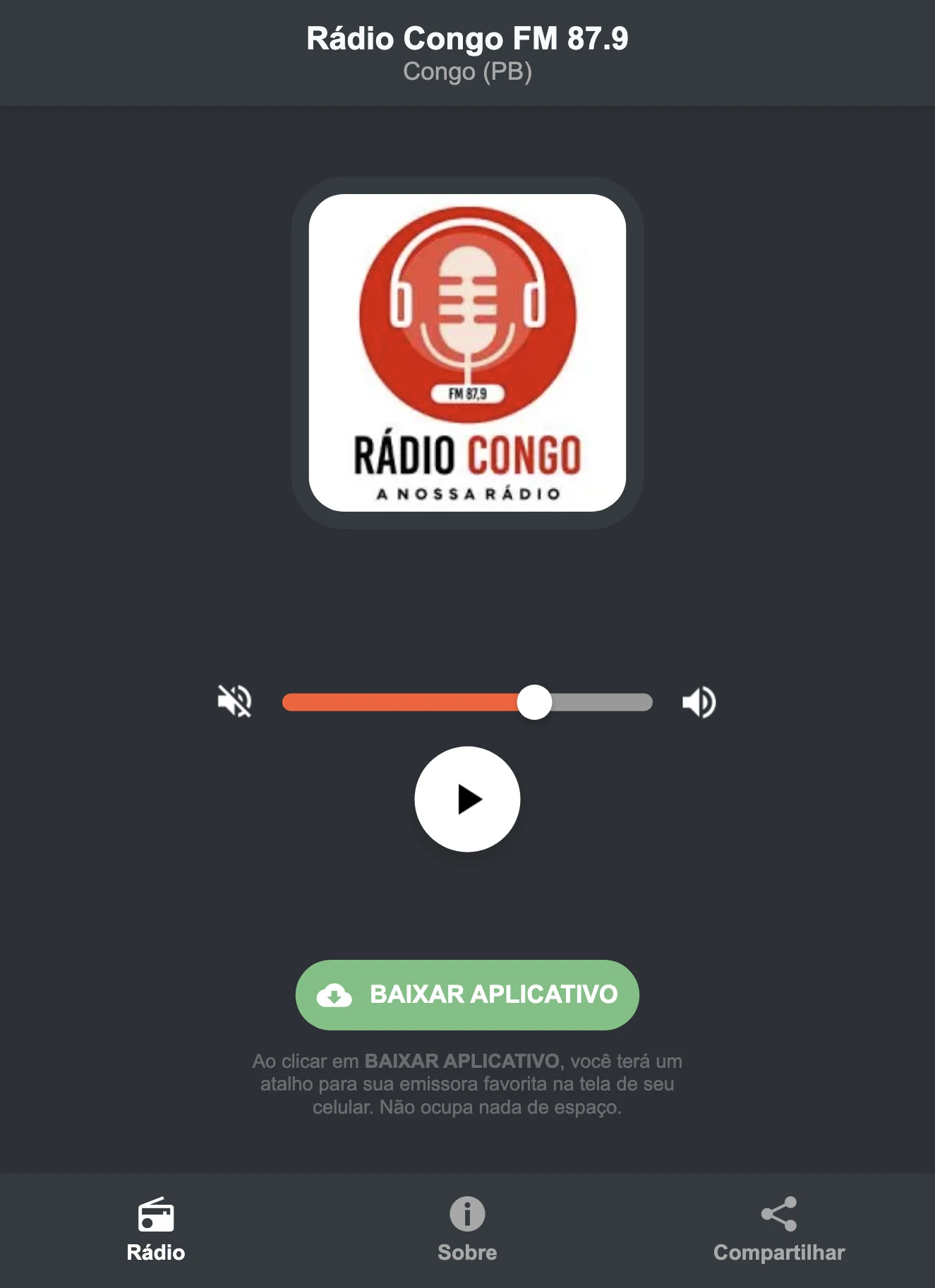 Screenshot do aplicativo da Rádio Congo FM 87.9