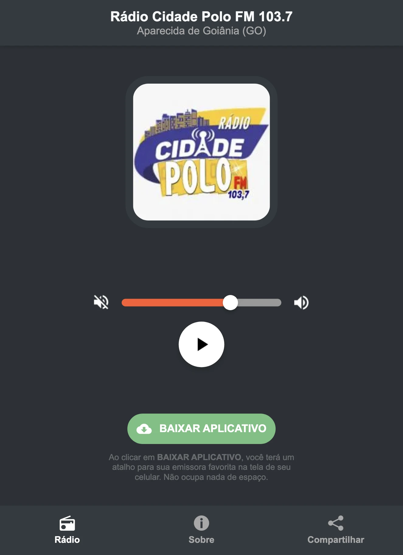 Screenshot do aplicativo da Rádio Cidade Polo FM 103.7