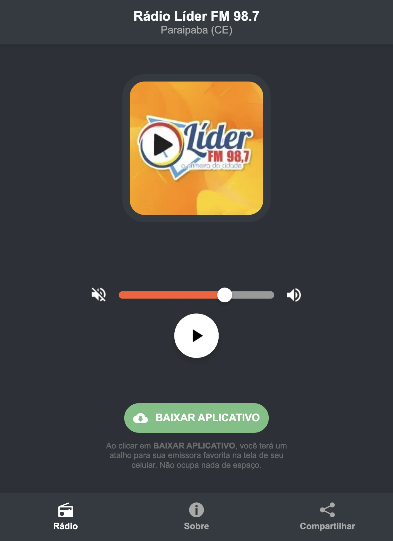 Screenshot do aplicativo da Rádio Líder FM 98.7