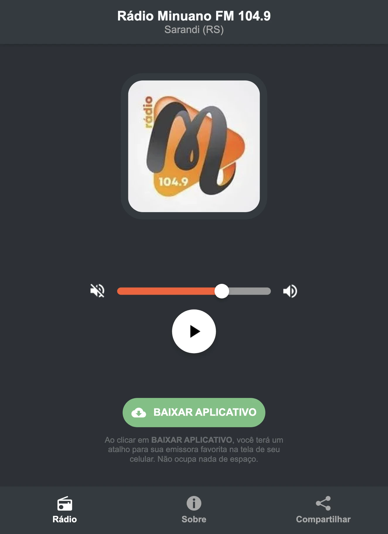 Screenshot do aplicativo da Rádio Minuano FM 104.9