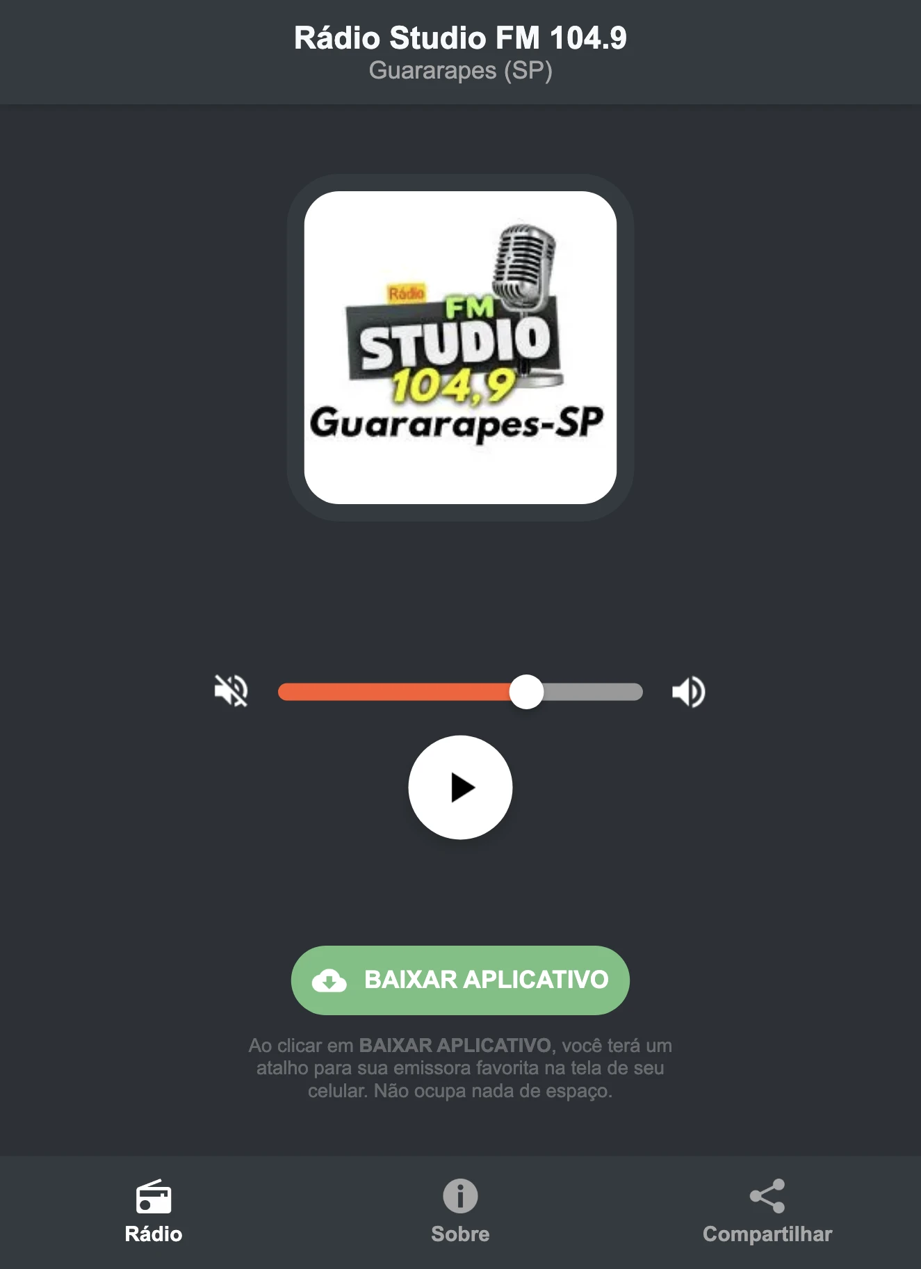 Screenshot do aplicativo da Rádio Studio FM 104.9
