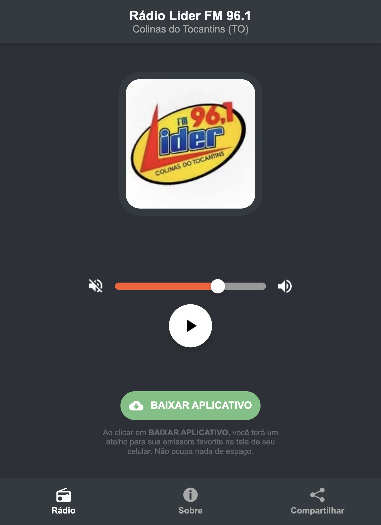 Screenshot do aplicativo da Rádio Lider FM 96.1
