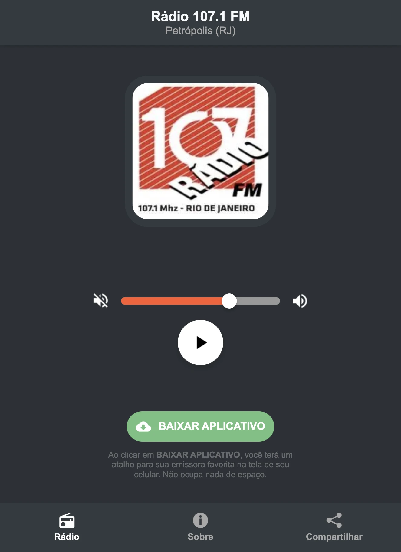 Screenshot do aplicativo da Rádio 107.1 FM
