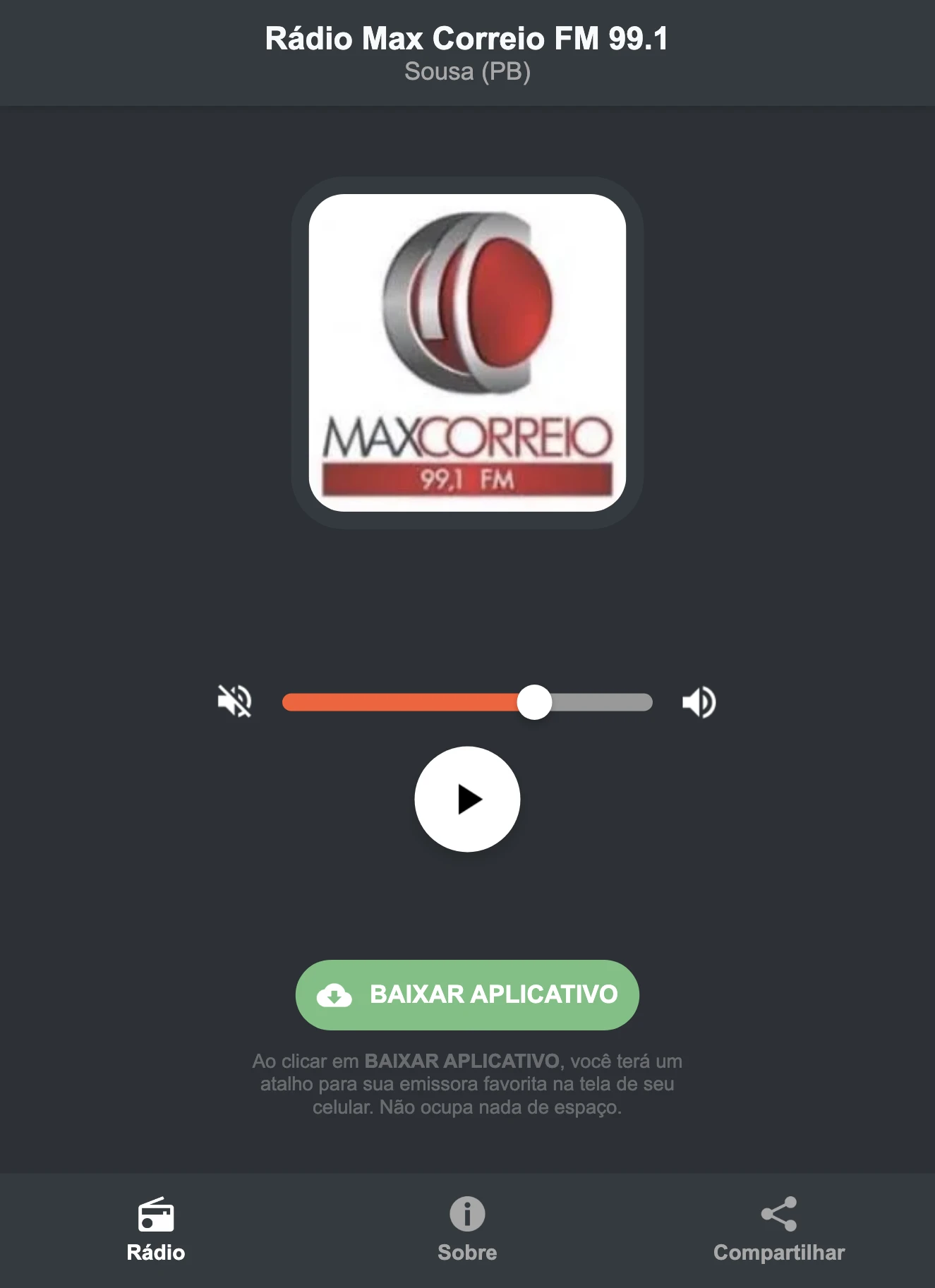 Screenshot do aplicativo da Rádio Max Correio FM 99.1