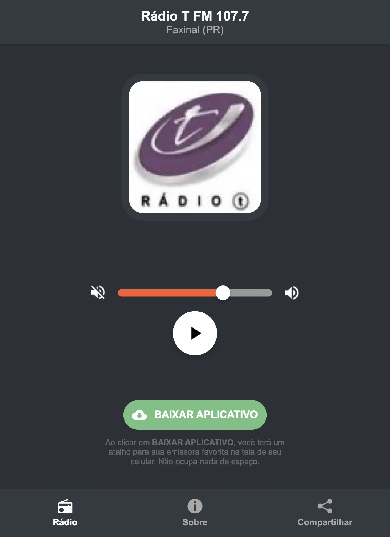 Screenshot do aplicativo da Rádio T FM 107.7