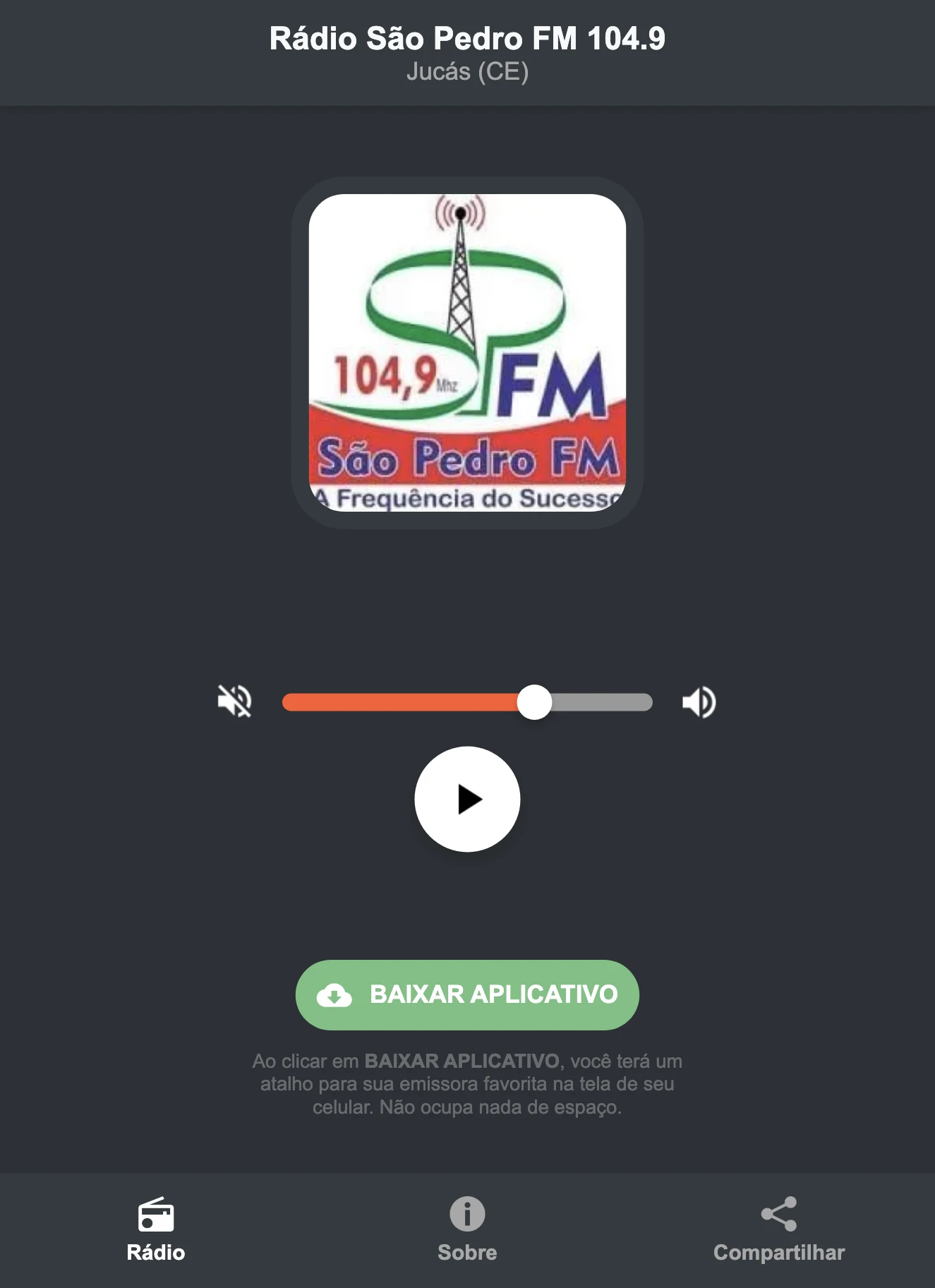 Screenshot do aplicativo da Rádio São Pedro FM 104.9