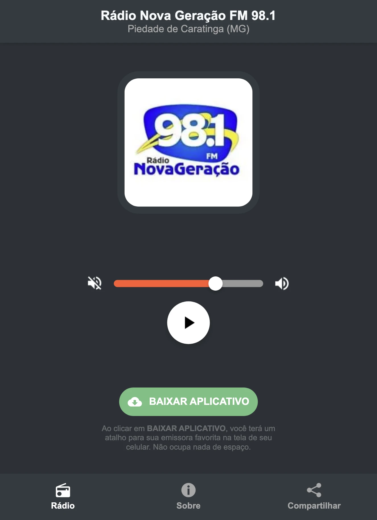 Screenshot do aplicativo da Rádio Nova Geração FM 98.1