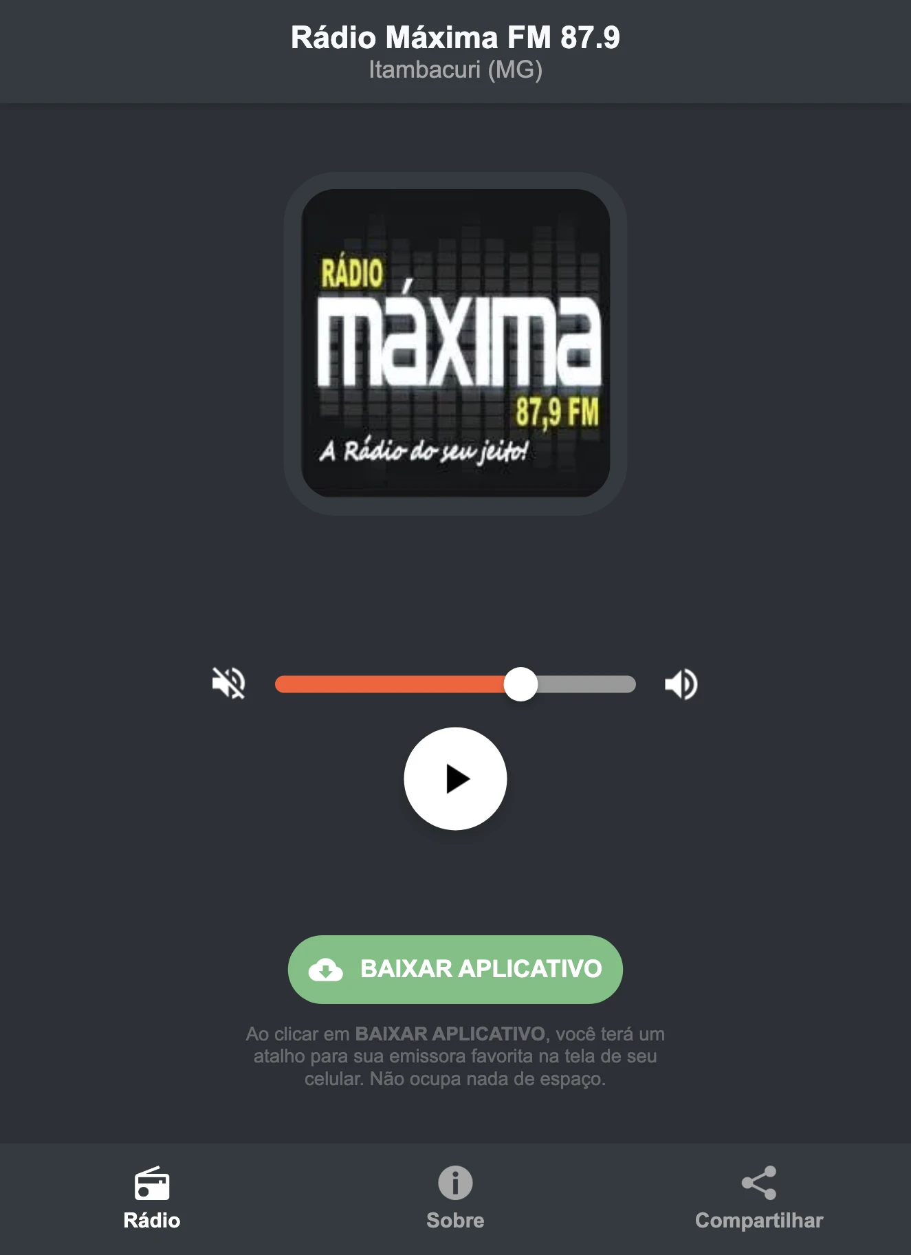Screenshot do aplicativo da Rádio Máxima FM 87.9