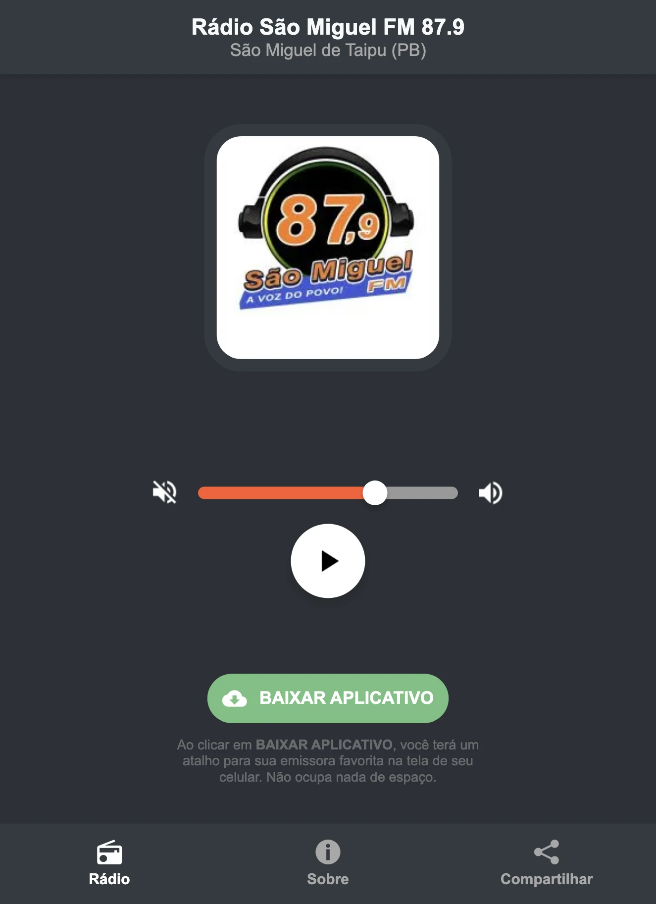 Screenshot do aplicativo da Rádio São Miguel FM 87.9