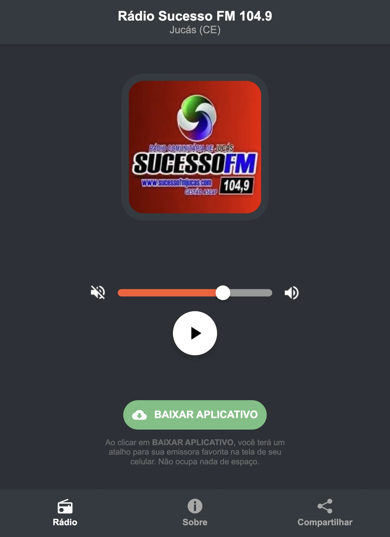 Screenshot do aplicativo da Rádio Sucesso FM 104.9