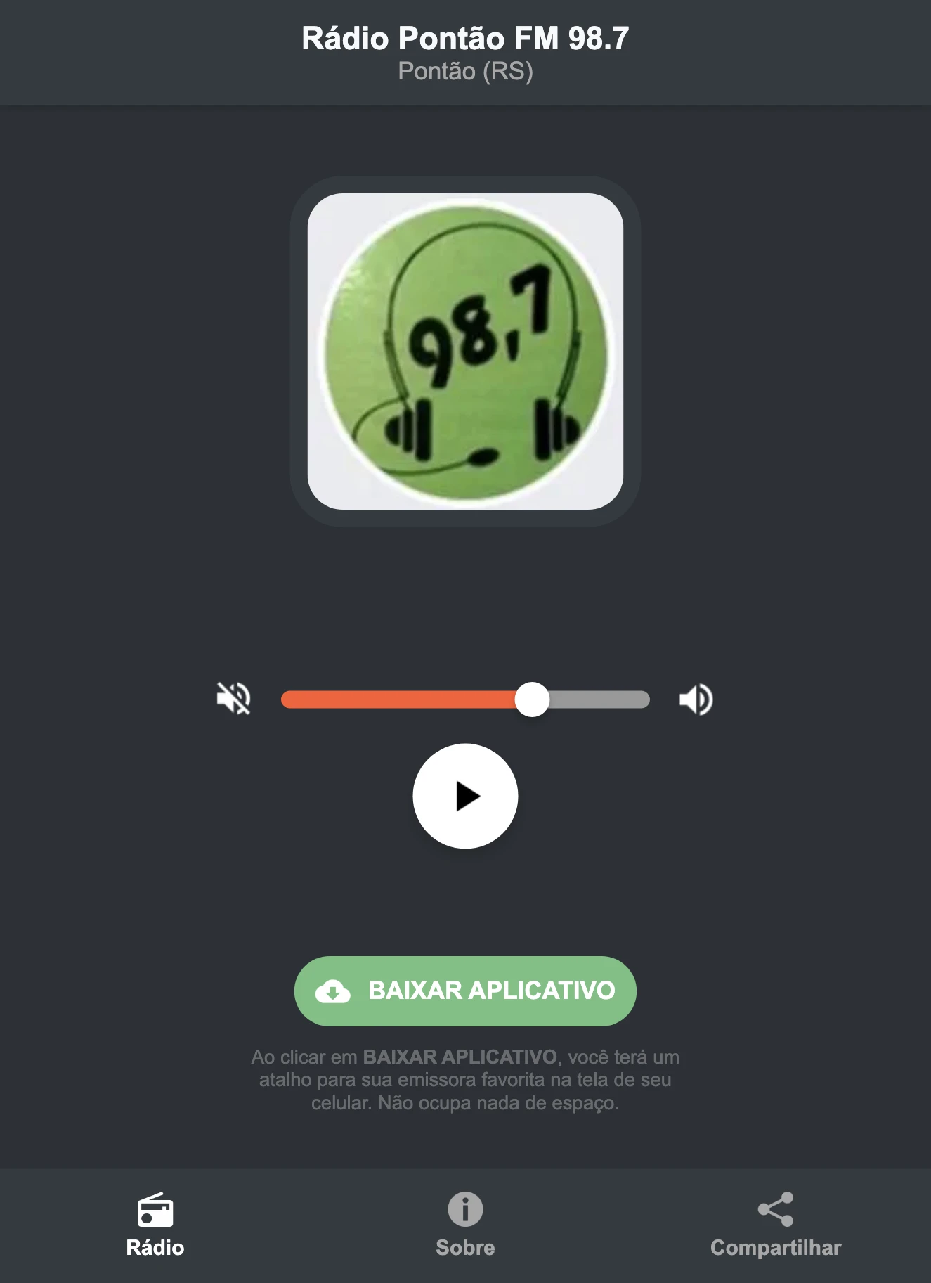 Screenshot do aplicativo da Rádio Pontão FM 98.7