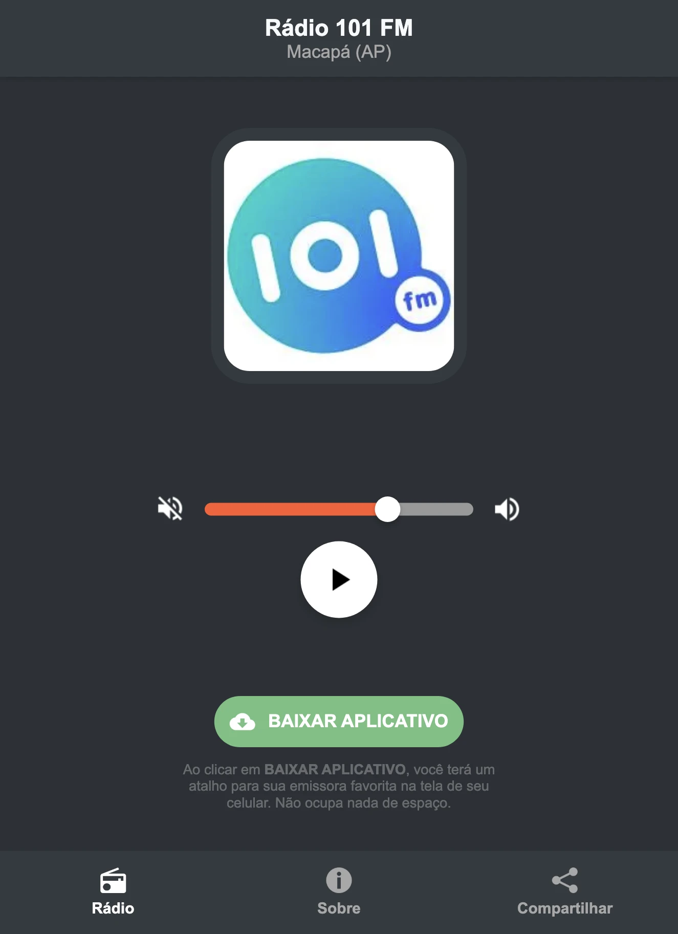 Screenshot do aplicativo da Rádio 101 FM