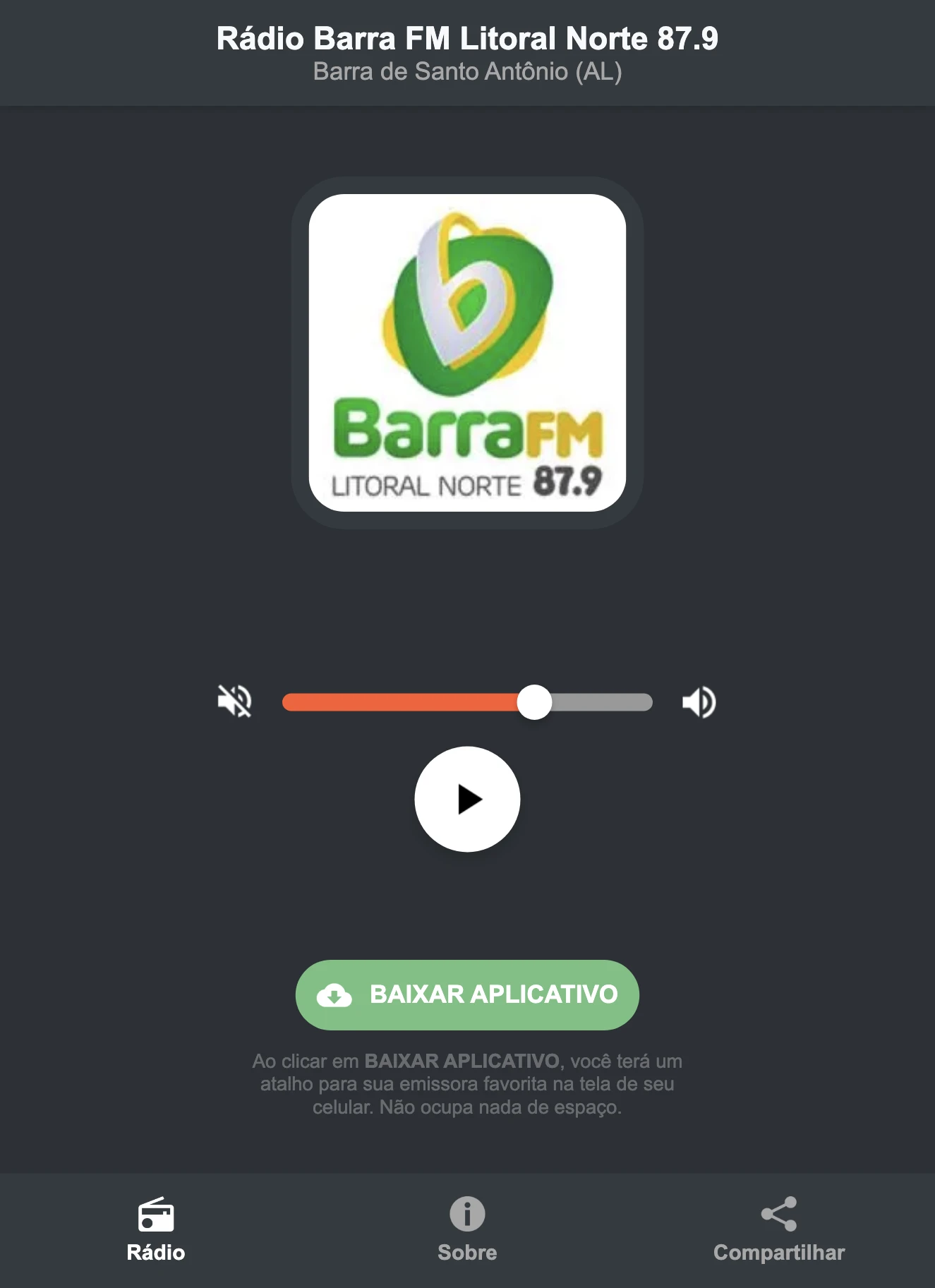 Screenshot do aplicativo da Rádio Barra FM Litoral Norte 87.9