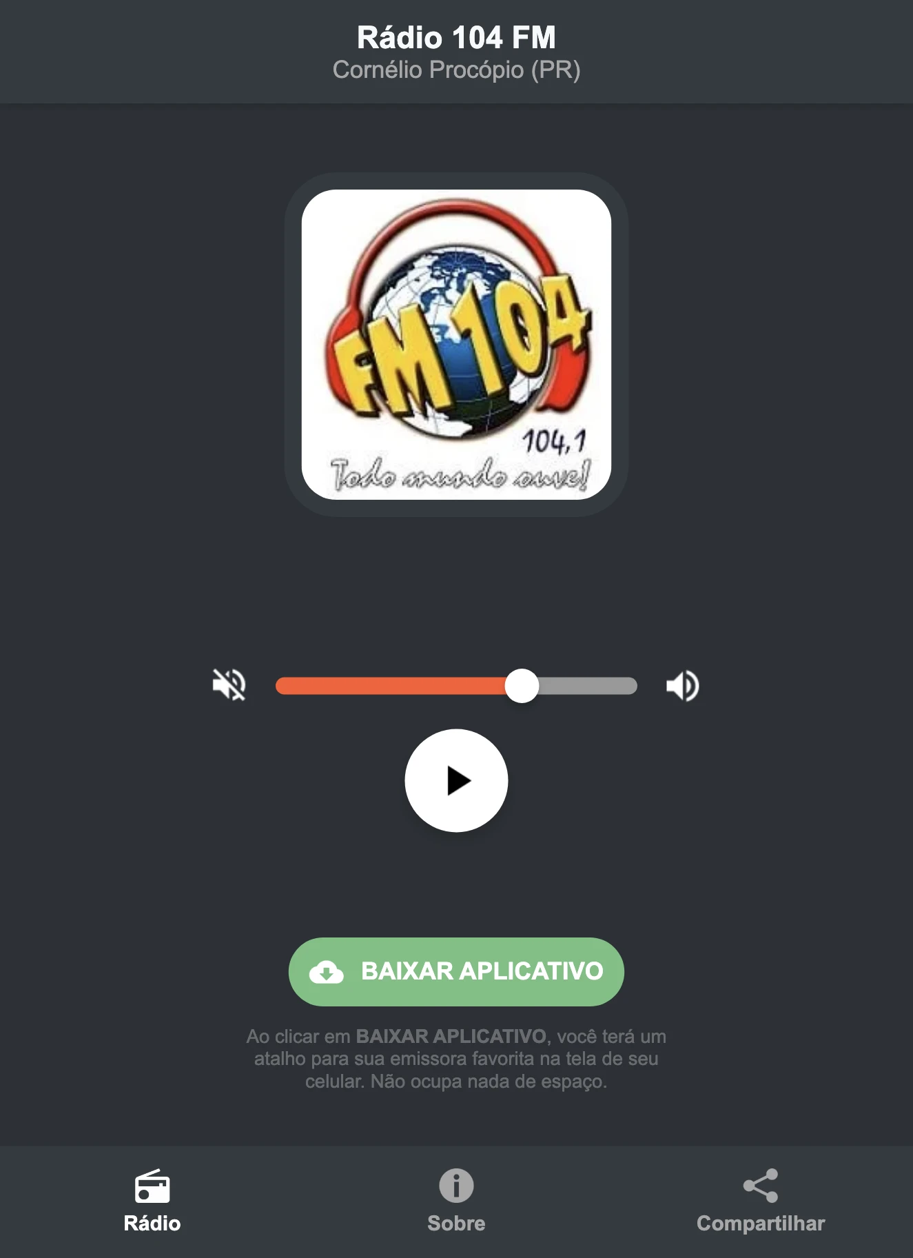 Screenshot do aplicativo da Rádio 104 FM