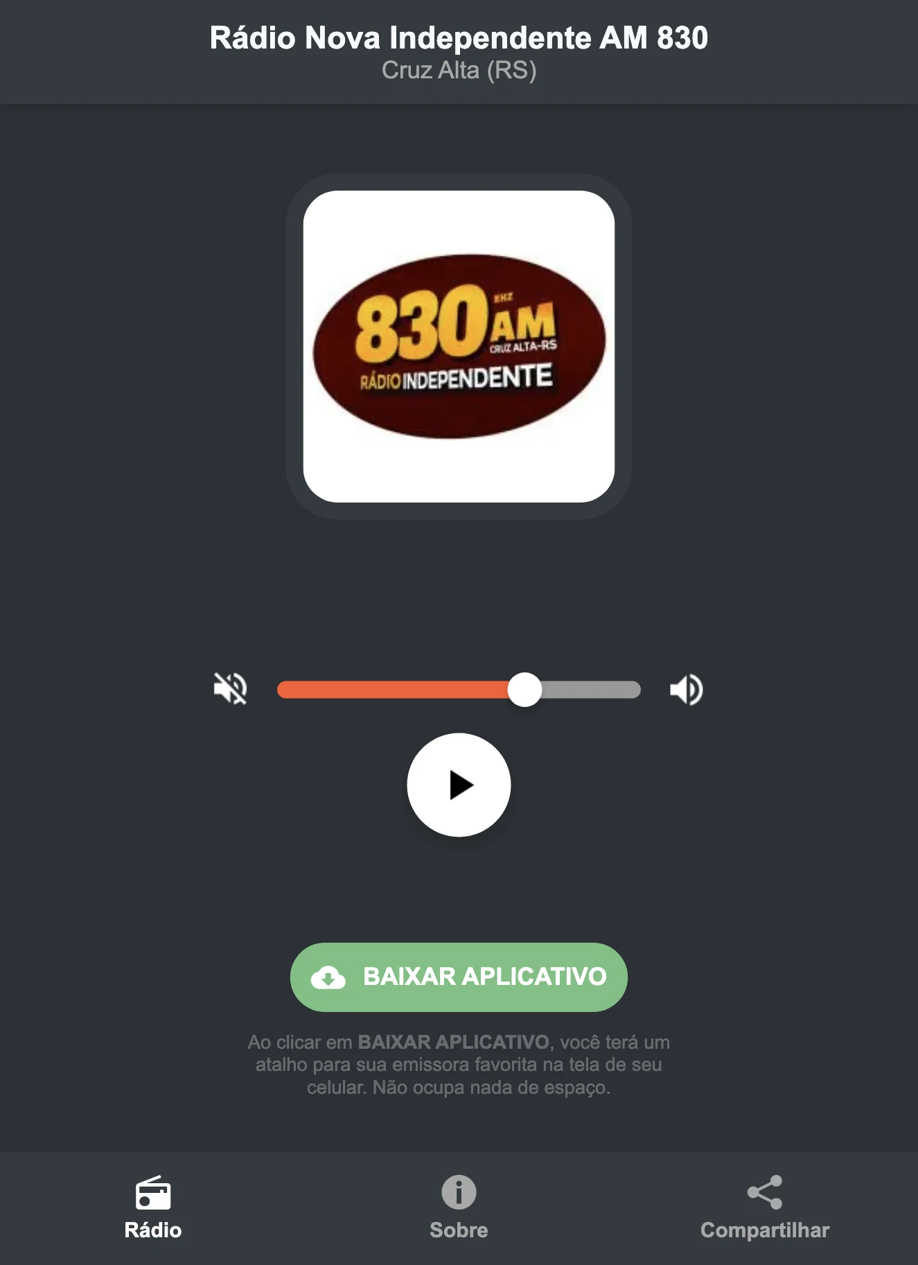 Screenshot do aplicativo da Rádio Nova Independente AM 830