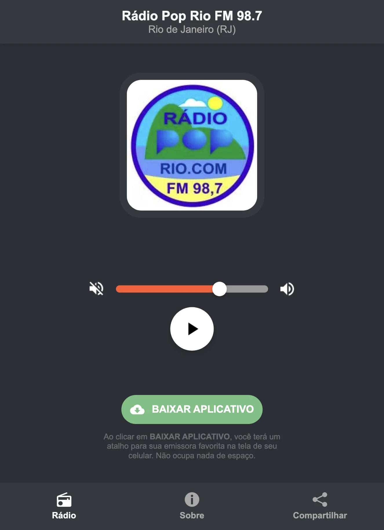 Screenshot do aplicativo da Rádio Pop Rio FM 98.7