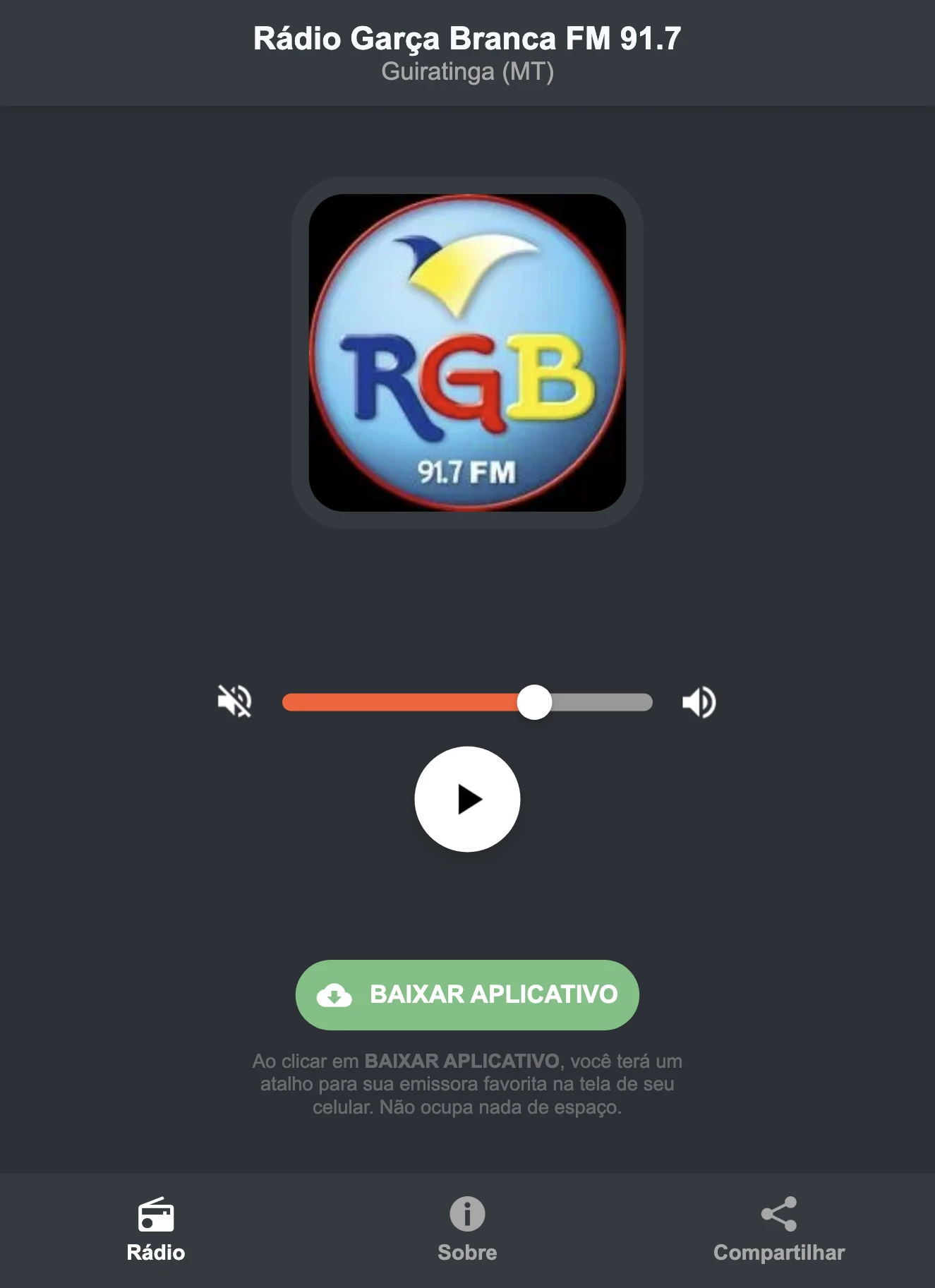 Screenshot do aplicativo da Rádio Garça Branca FM 91.7